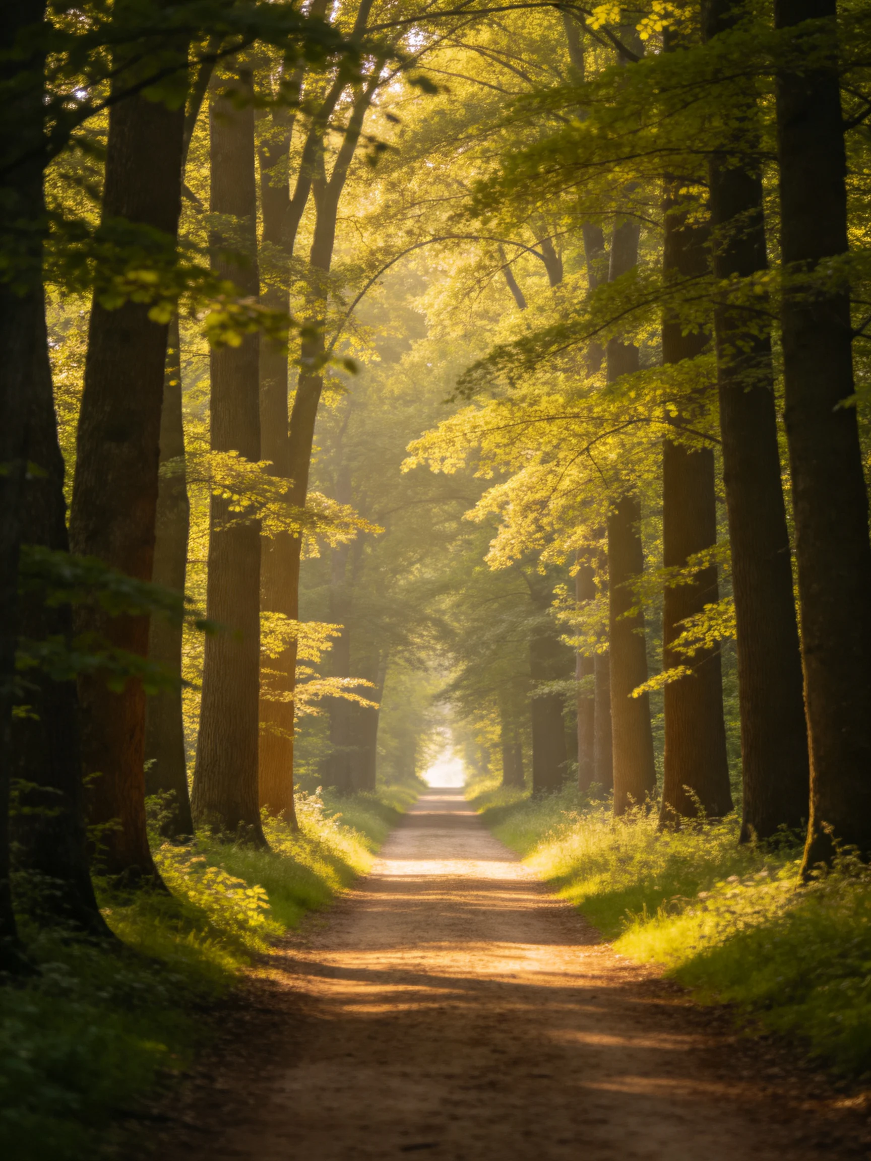 A sun-dappled forest path lined with tall brown trunks and golden foliage