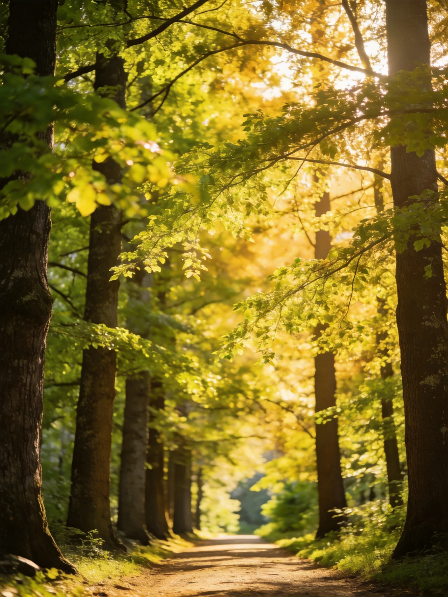 A sun-dappled forest path lined with tall dark-barked trees and golden-green foliage