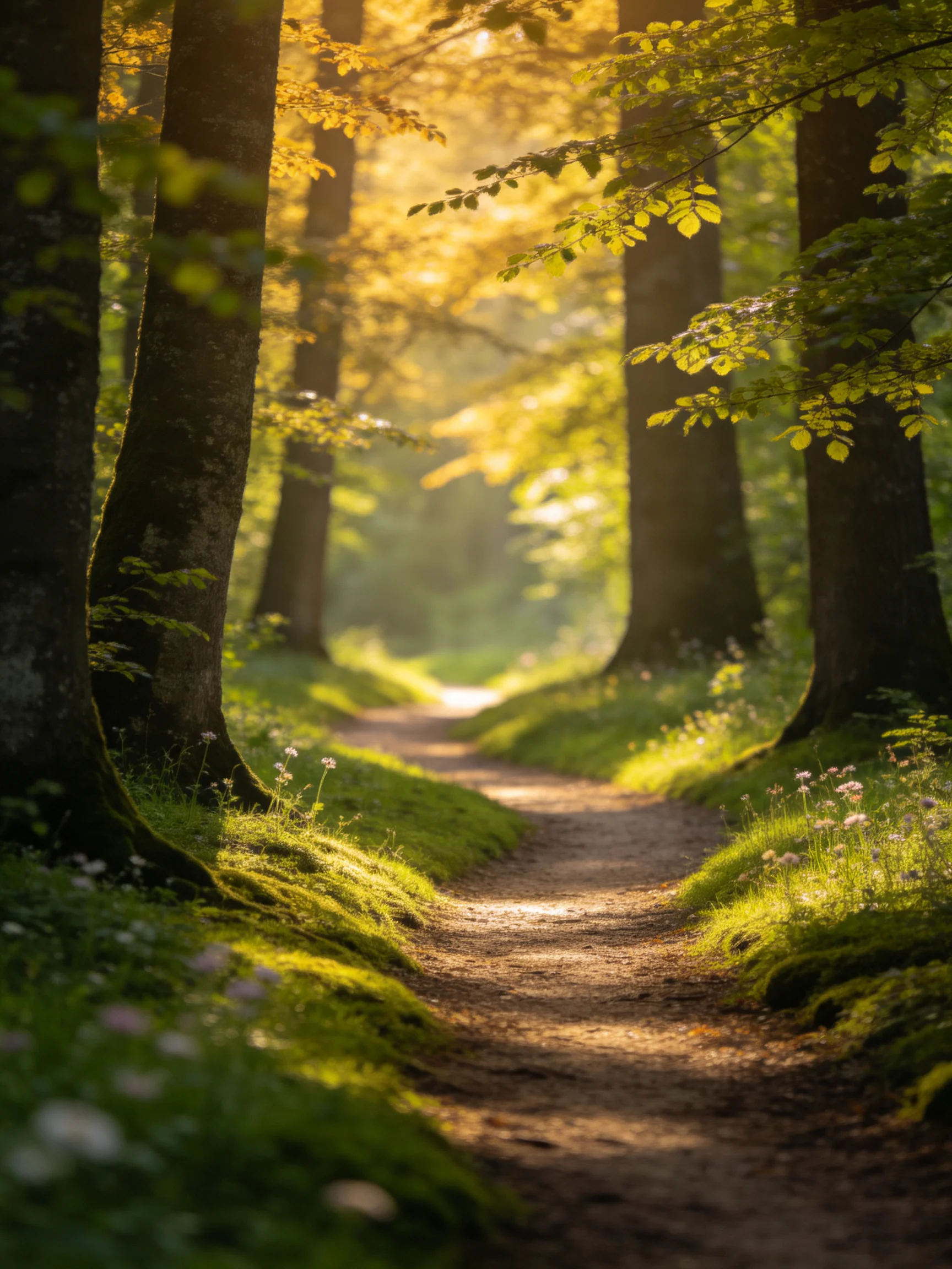A sun-dappled forest path lined with tall dark tree trunks