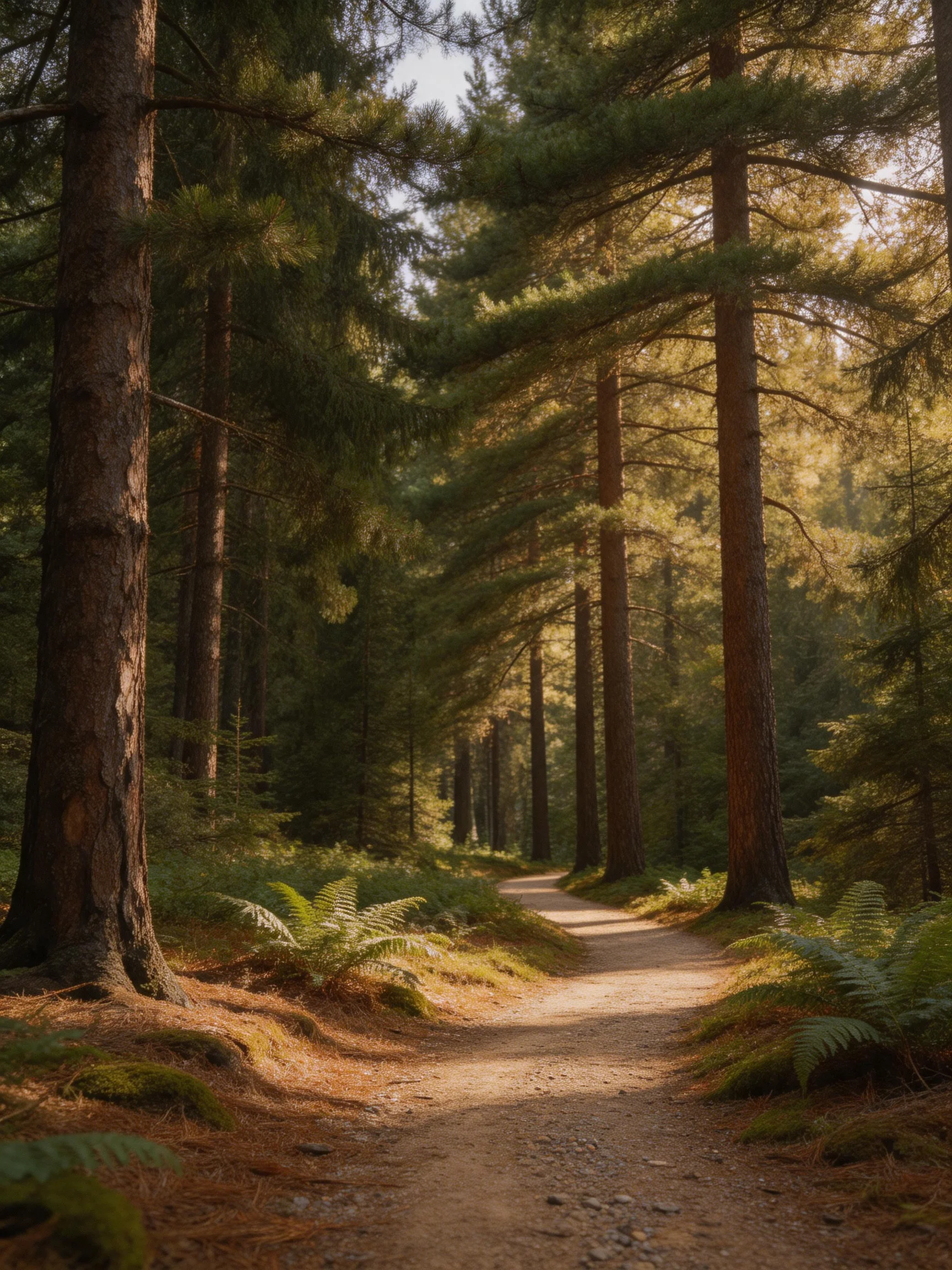 A sun-dappled forest path lined with tall evergreen trees