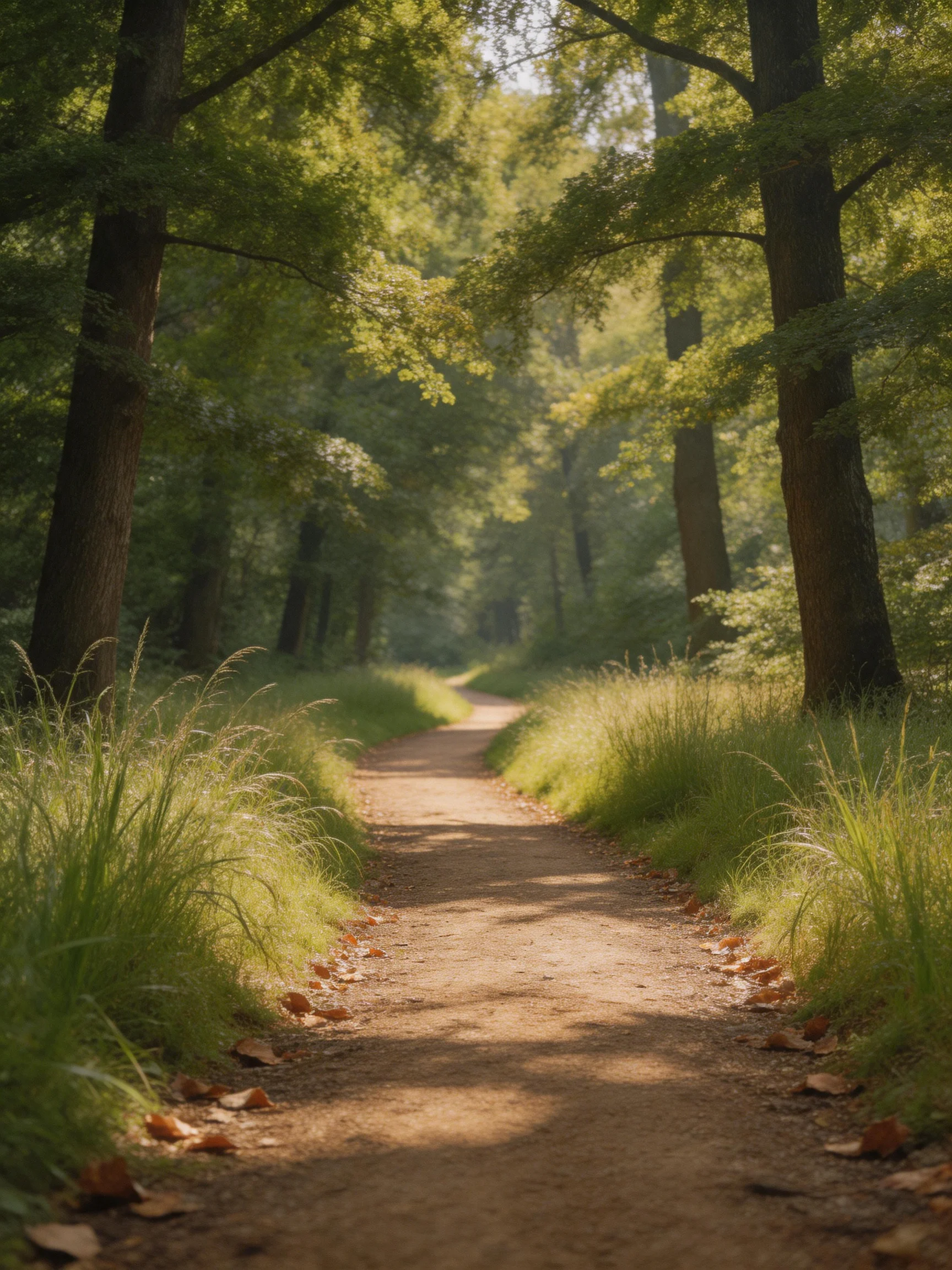 A sun-dappled forest path lined with tall green trees