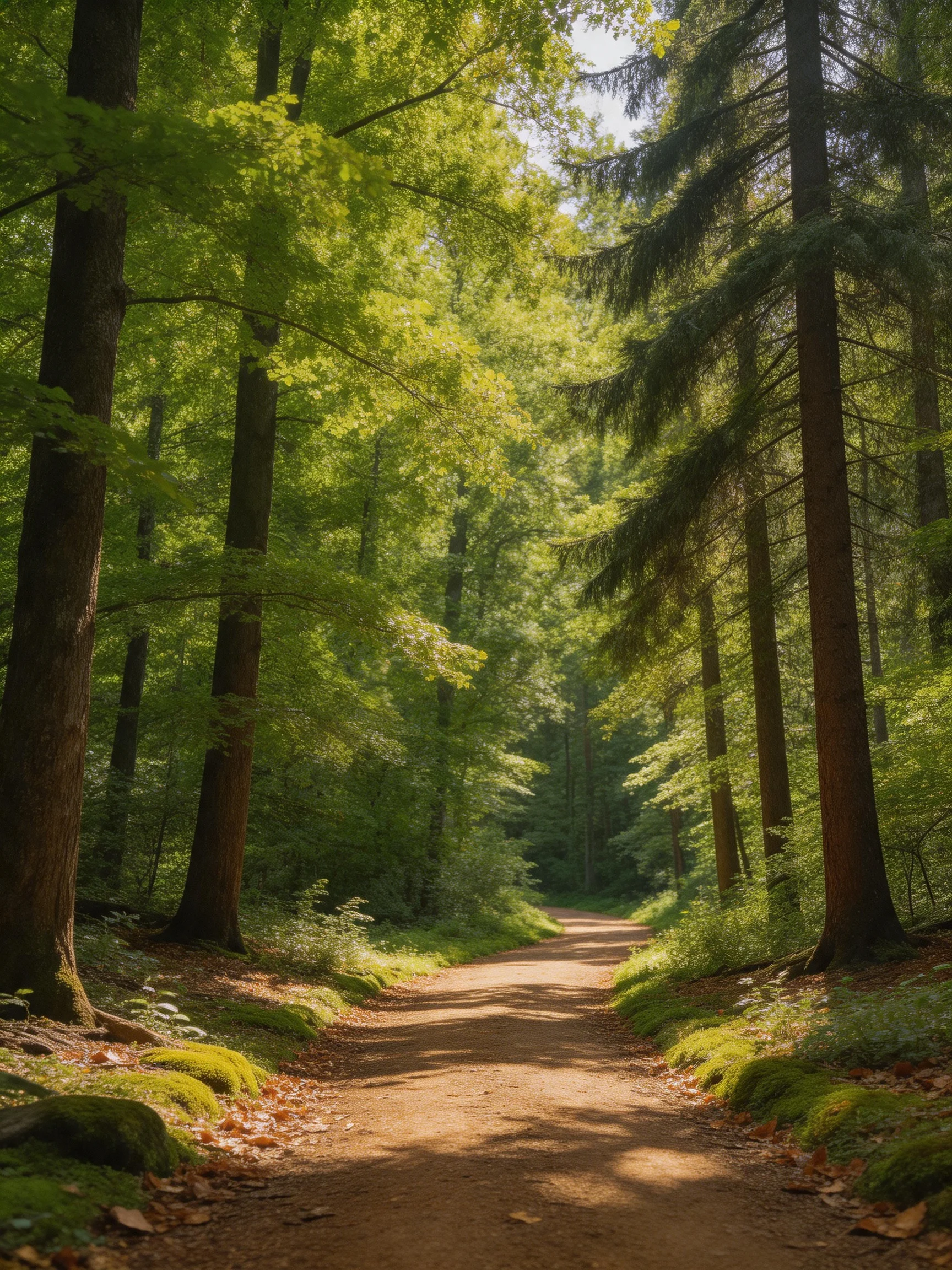 A sun-dappled forest path lined with tall green trees