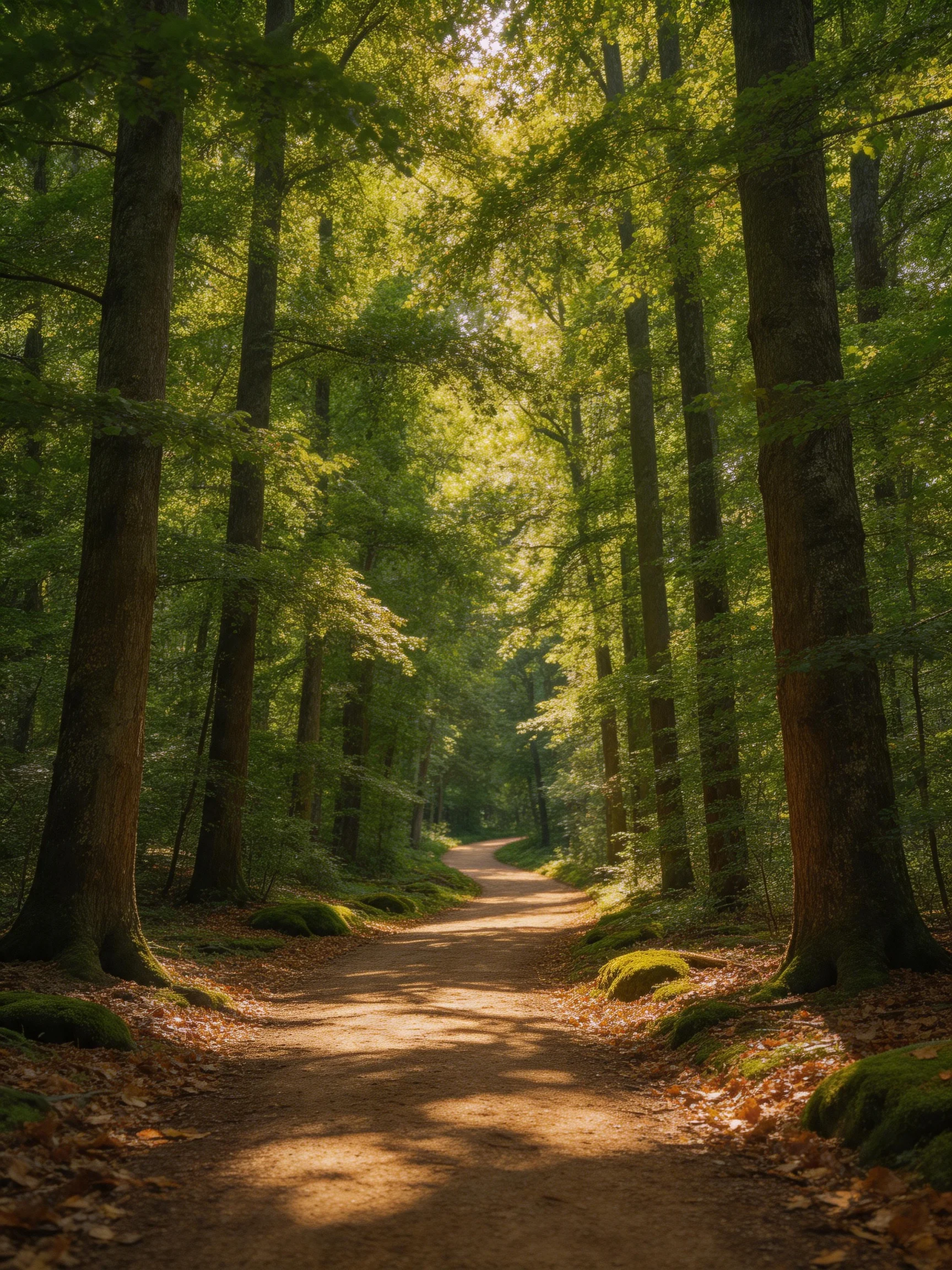 A sun-dappled forest path lined with tall, moss-covered trees