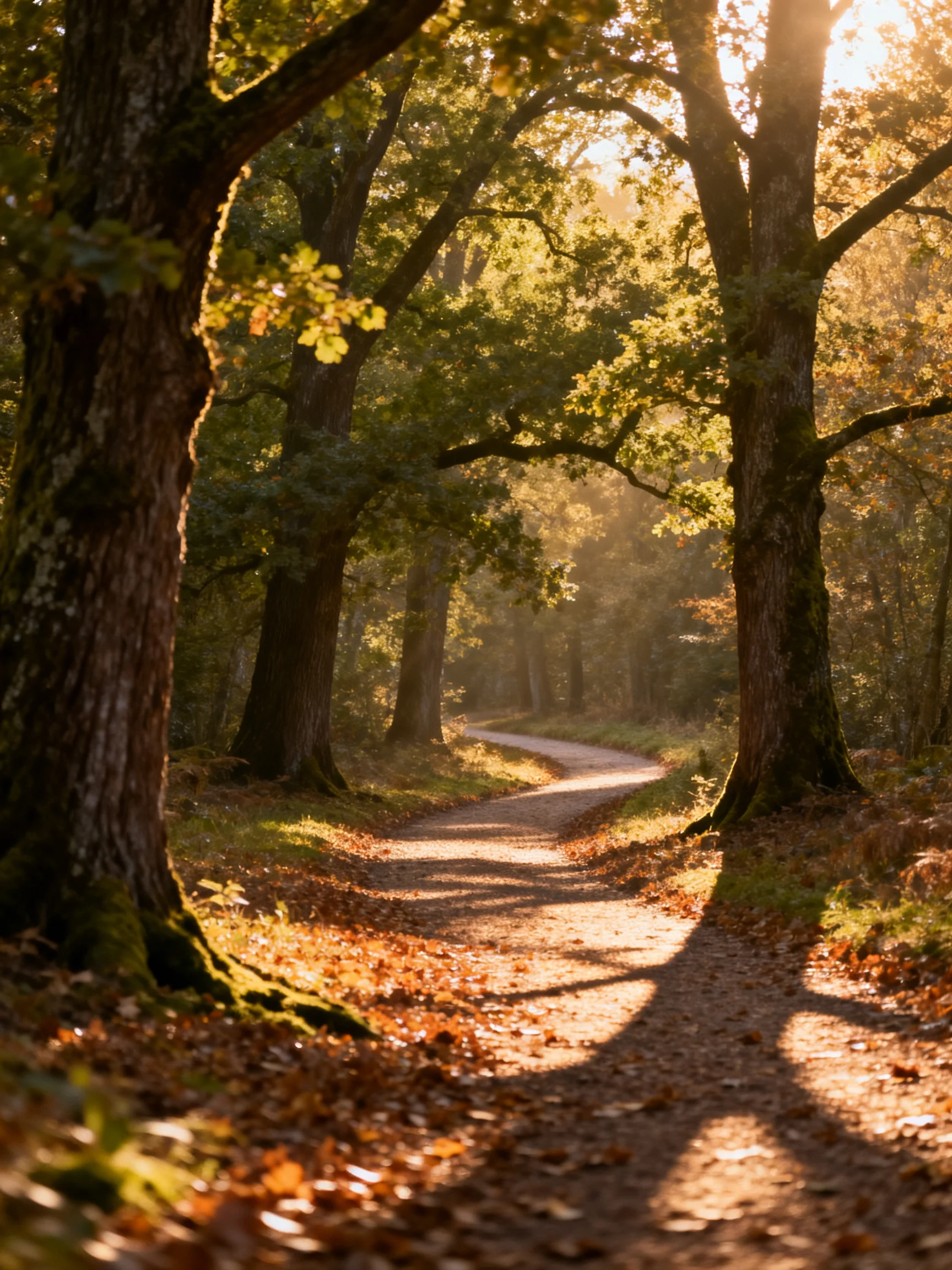 A sun-dappled forest path lined with tall oak trees and golden fallen leaves