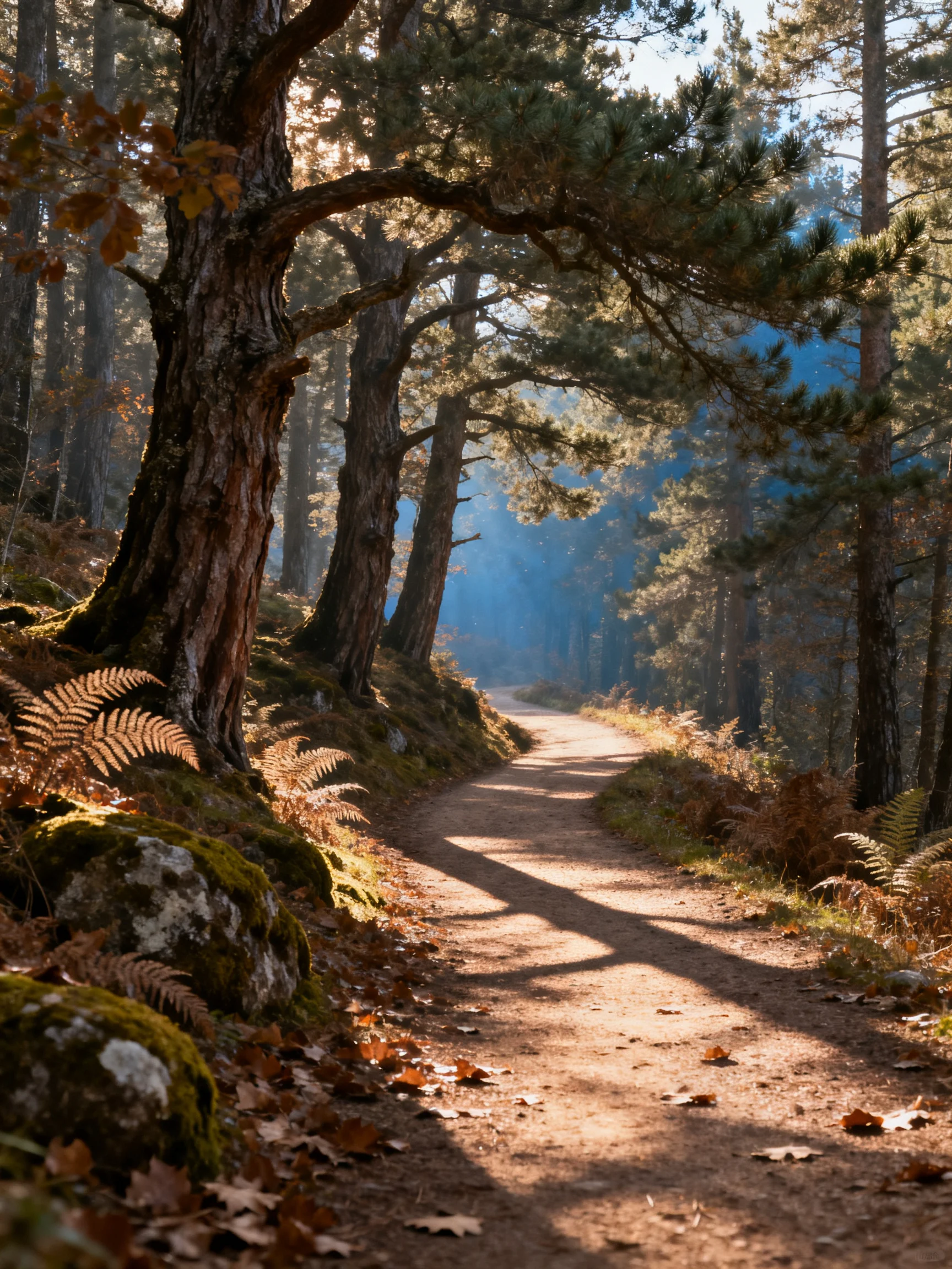 A sun-dappled forest path lined with tall pine trees and ferns