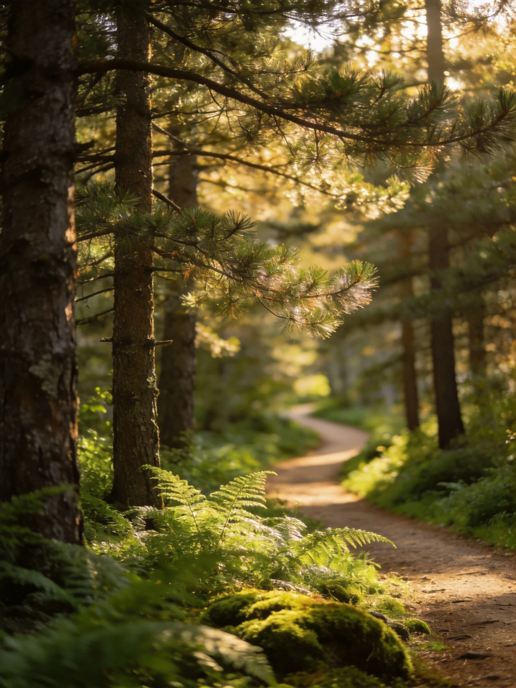 A sun-dappled forest path lined with tall pines and lush greenery