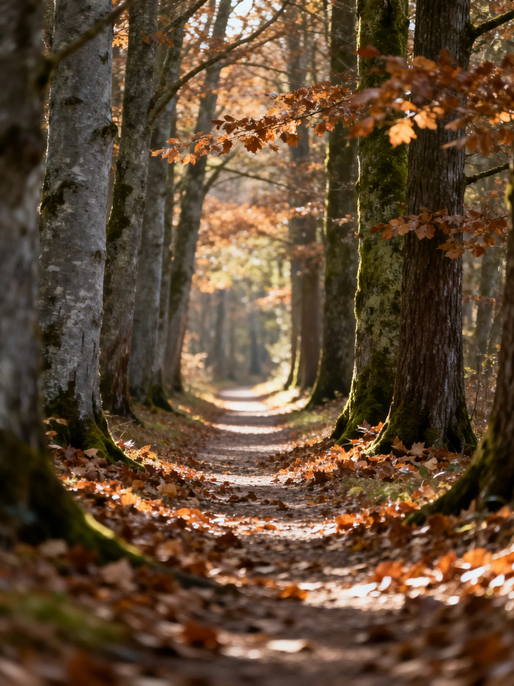 A sun-dappled forest path lined with tall trees and golden leaves