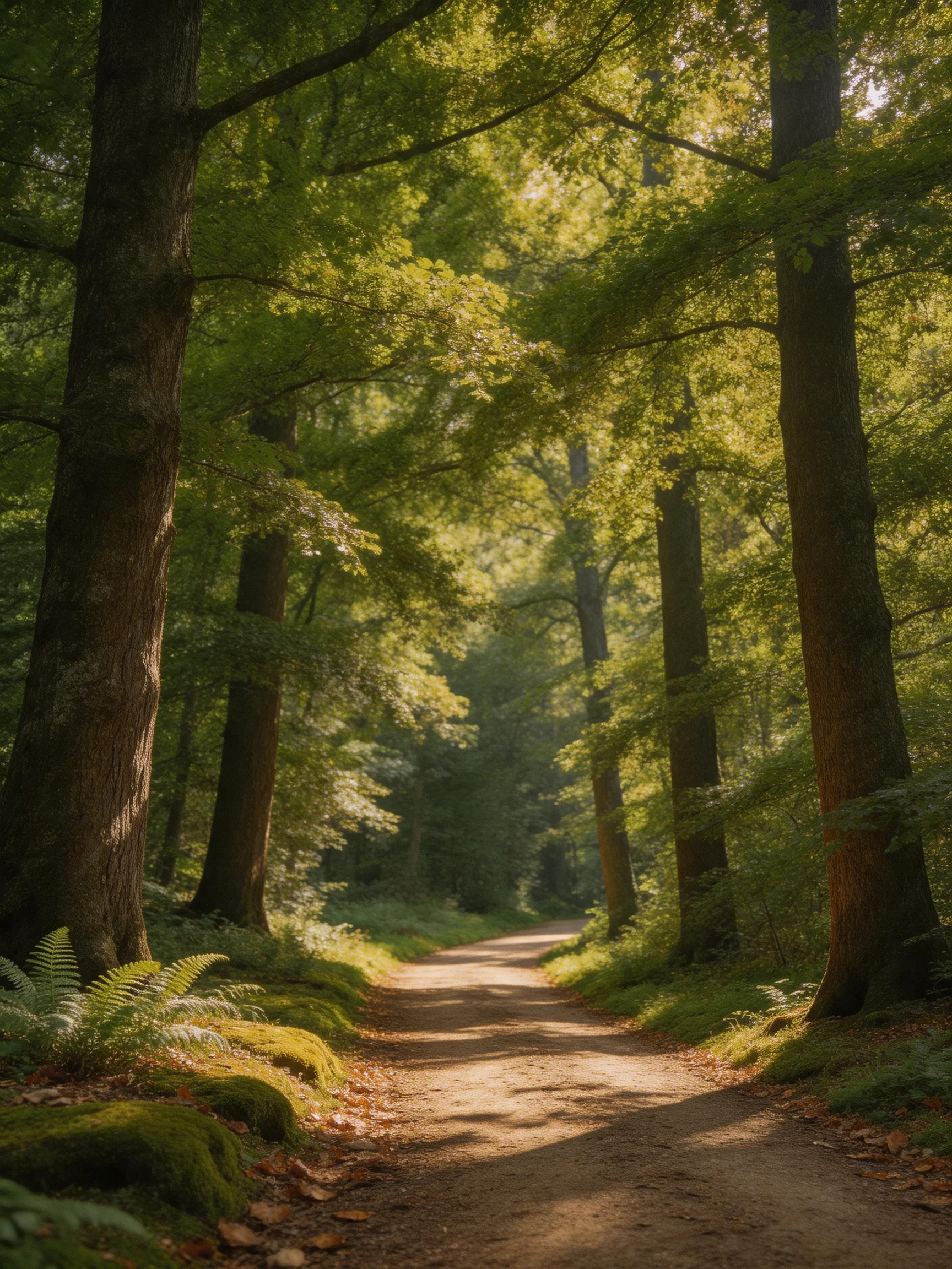 A sun-dappled forest path lined with tall trees and greenery