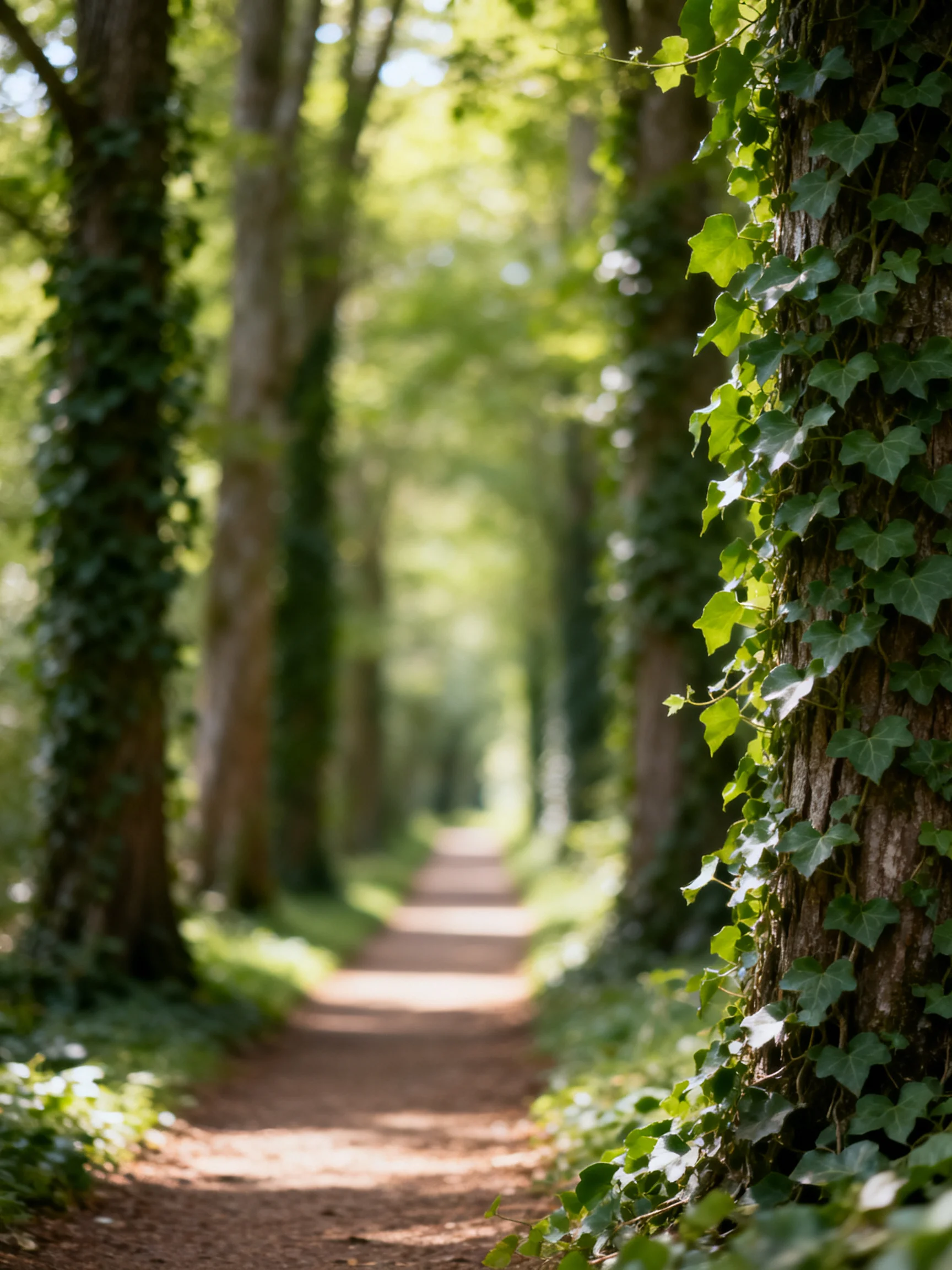 A sun-dappled forest path lined with tall trees and ivy-covered trunks.