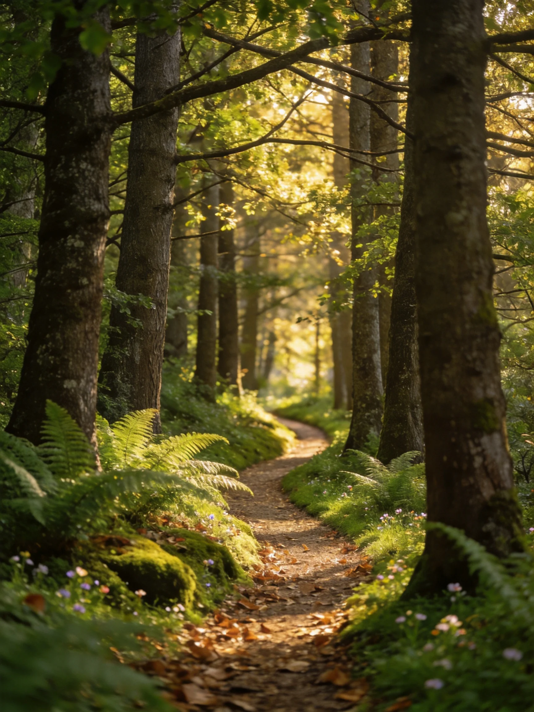 A sun-dappled forest path lined with tall trees and lush greenery