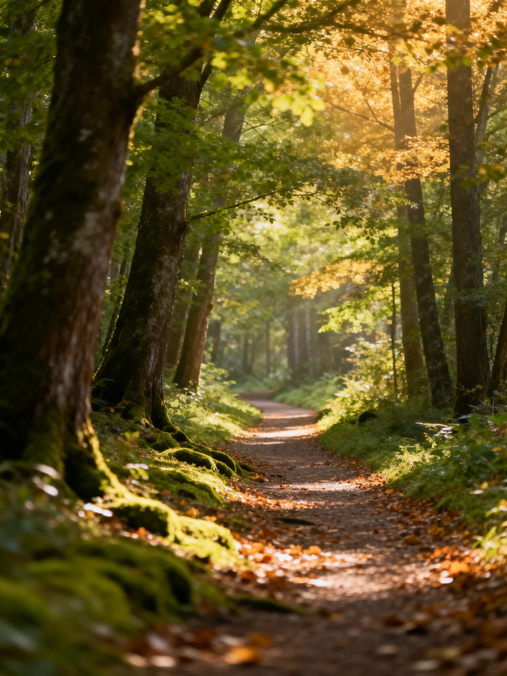 A sun-dappled forest path lined with tall trees and mossy roots
