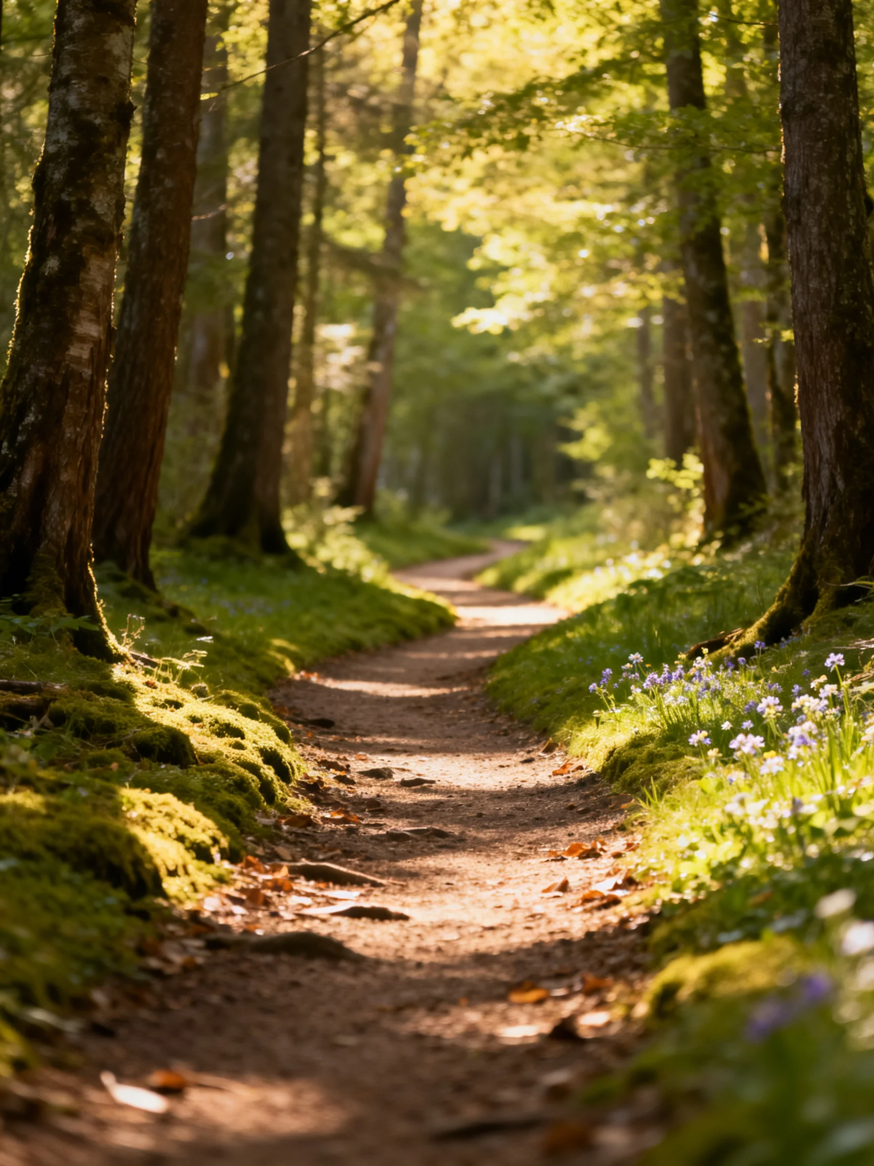 A sun-dappled forest path lined with tall trees and vibrant greenery