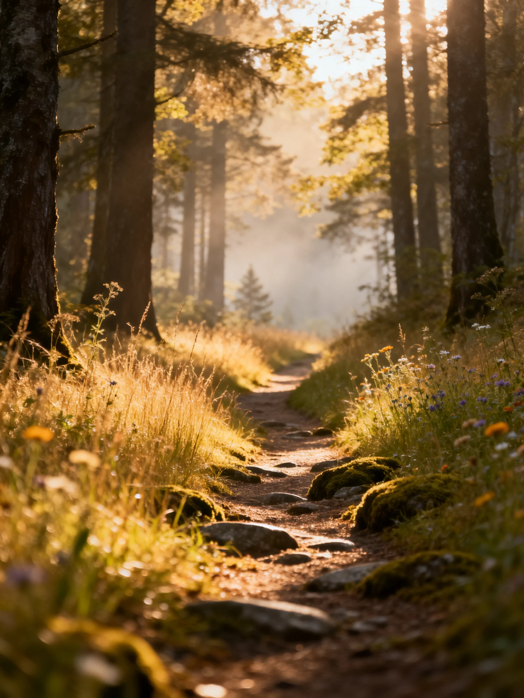 A sun-dappled forest path lined with tall trees and wildflowers