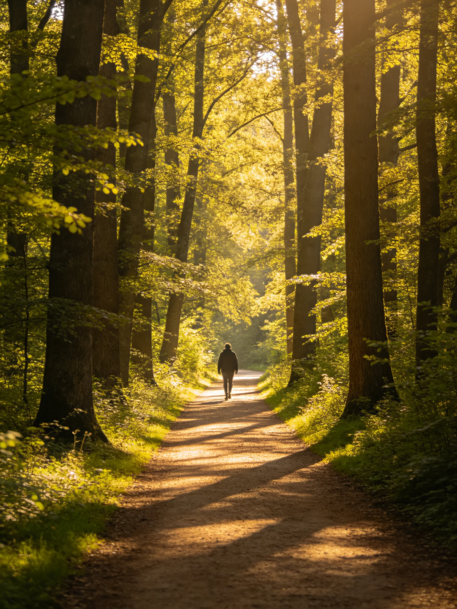 A sun-dappled forest path lined with tall trees under golden light