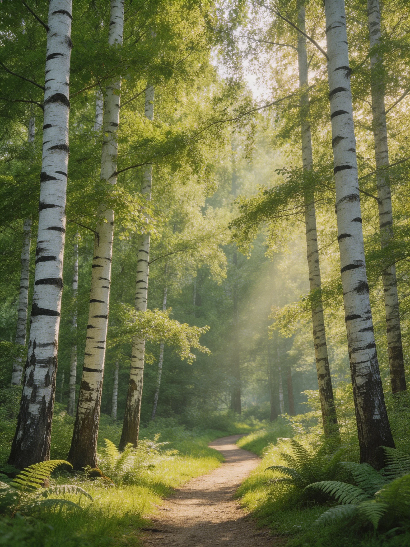 A sun-dappled forest path lined with tall white-barked birches