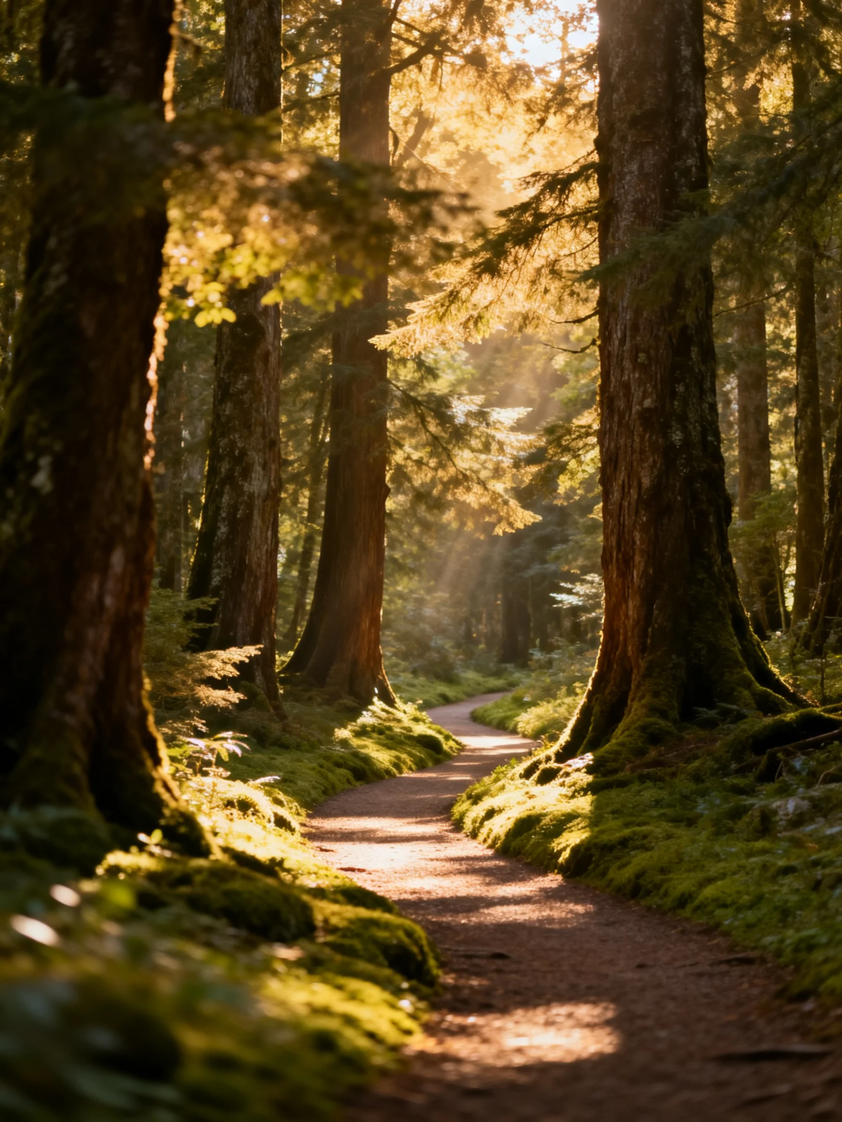 A sun-dappled forest path lined with towering evergreens