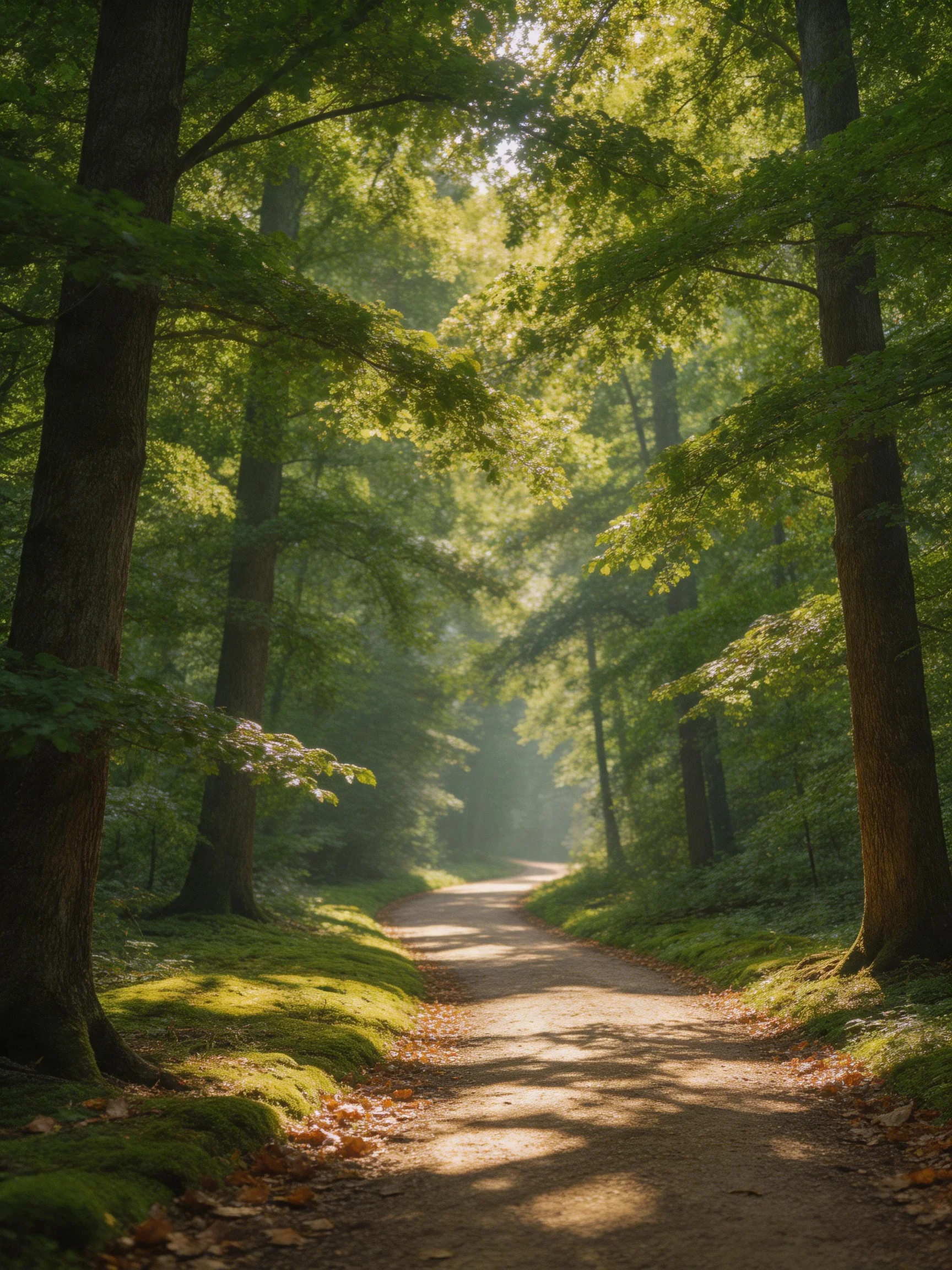 A sun-dappled forest path lined with towering green trees