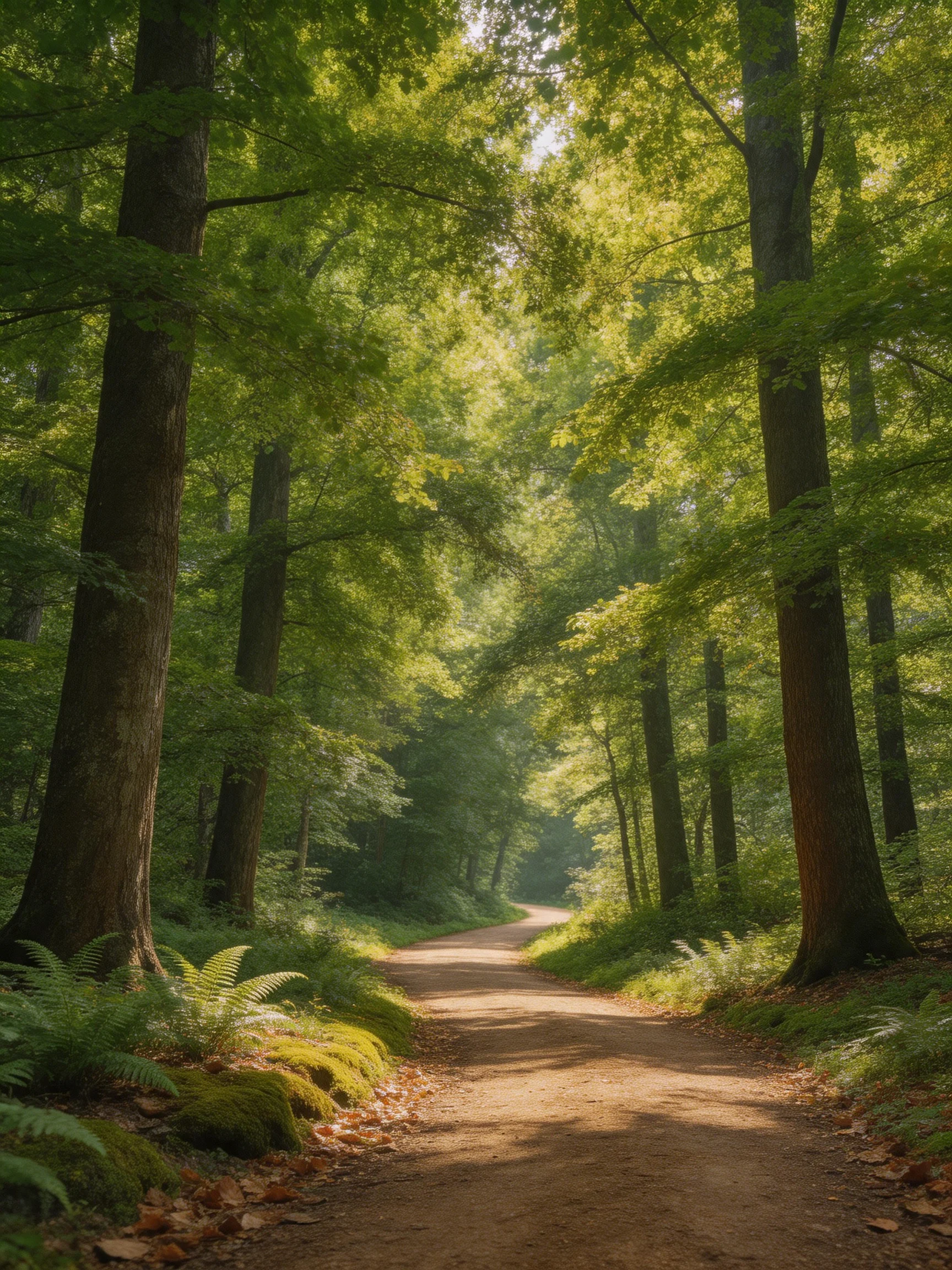 A sun-dappled forest path lined with towering green trees