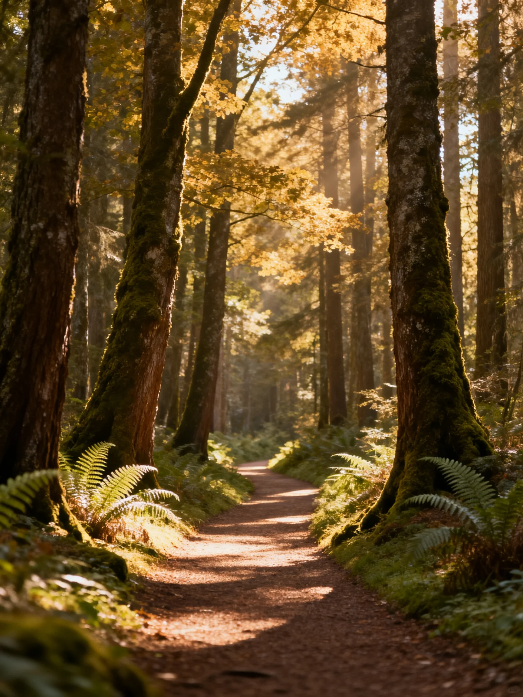 A sun-dappled forest path lined with towering moss-covered trees