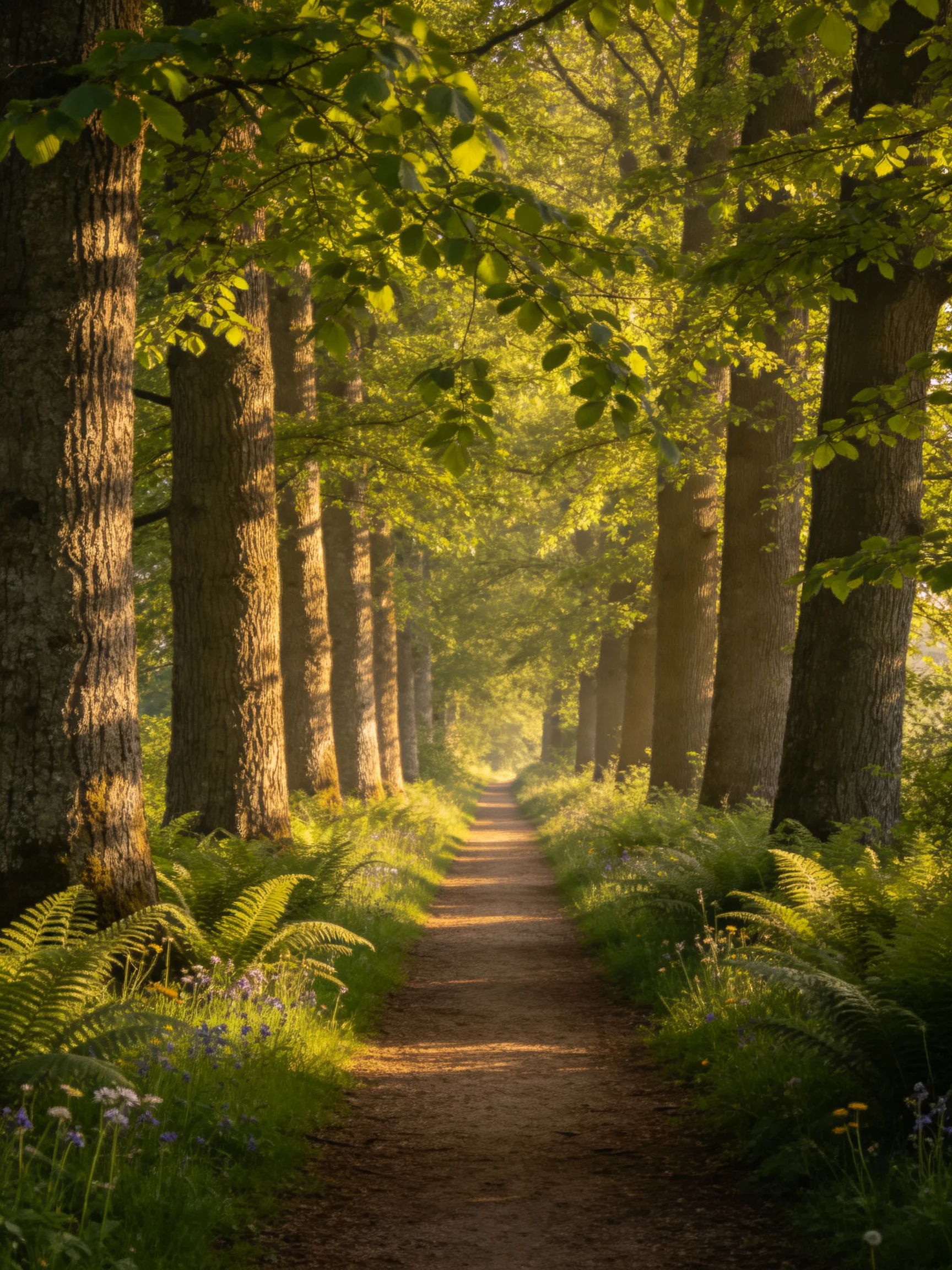A sun-dappled forest path lined with towering trees and lush ferns