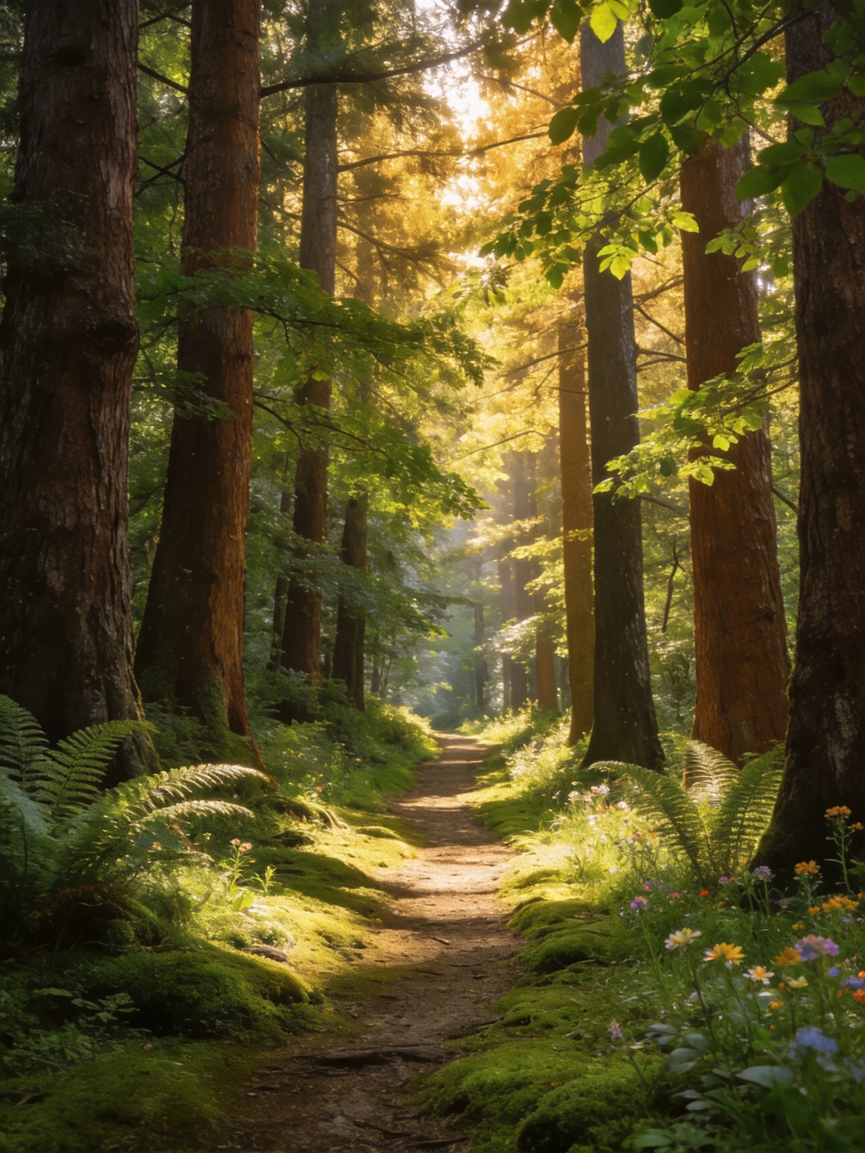 A sun-dappled forest path lined with towering trees and vibrant greenery
