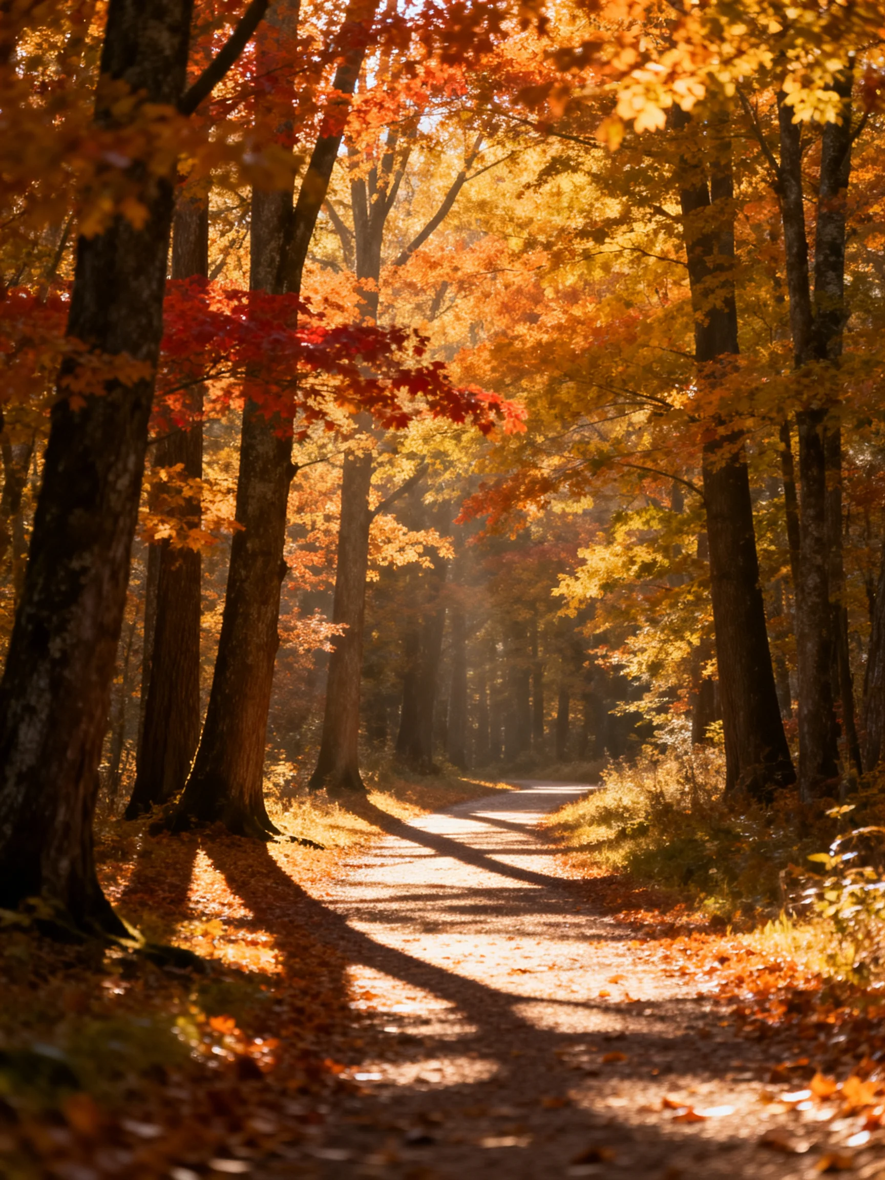A sun-dappled forest path lined with vibrant fall foliage