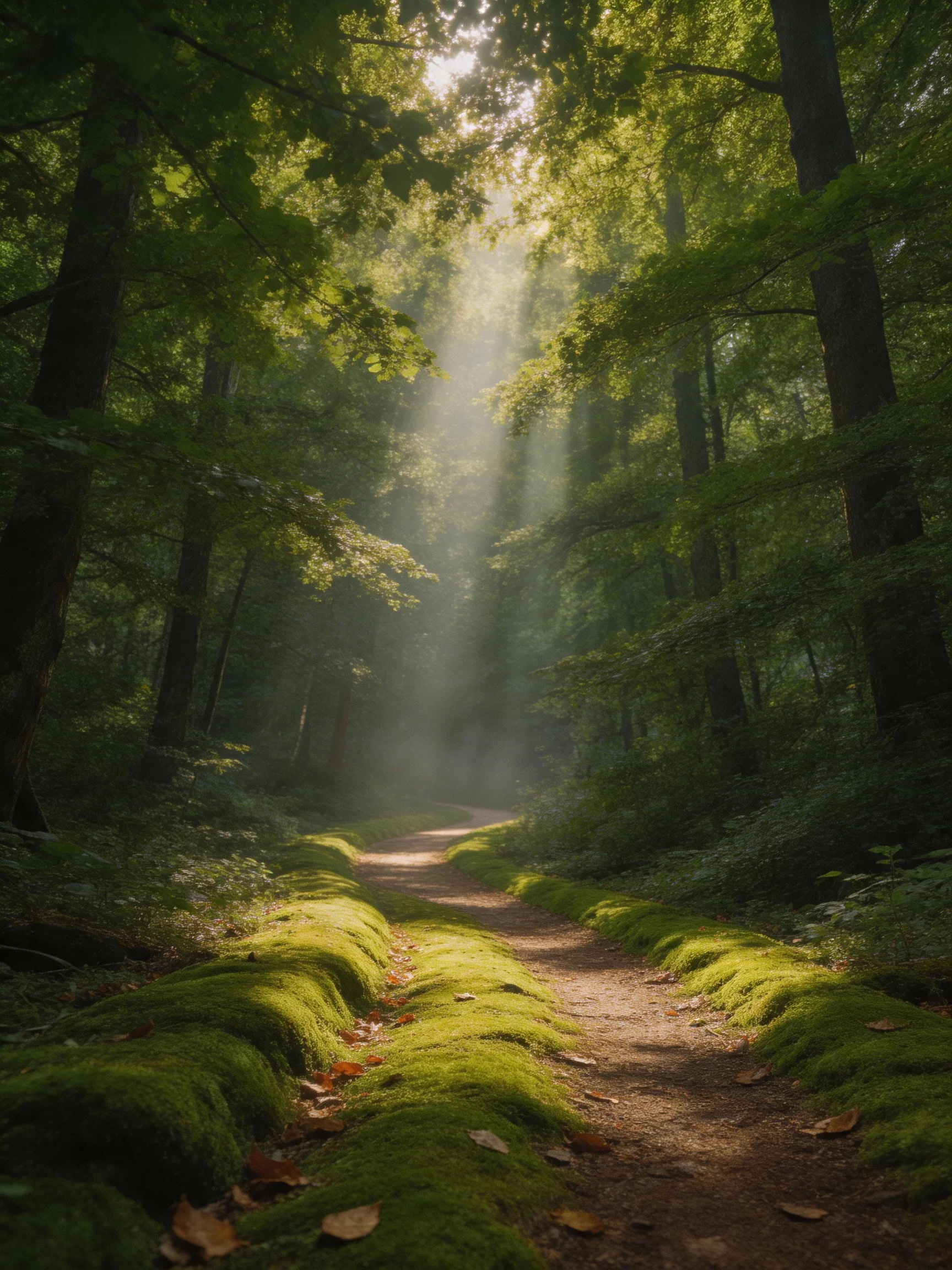 A sun-dappled forest path lined with vibrant green moss