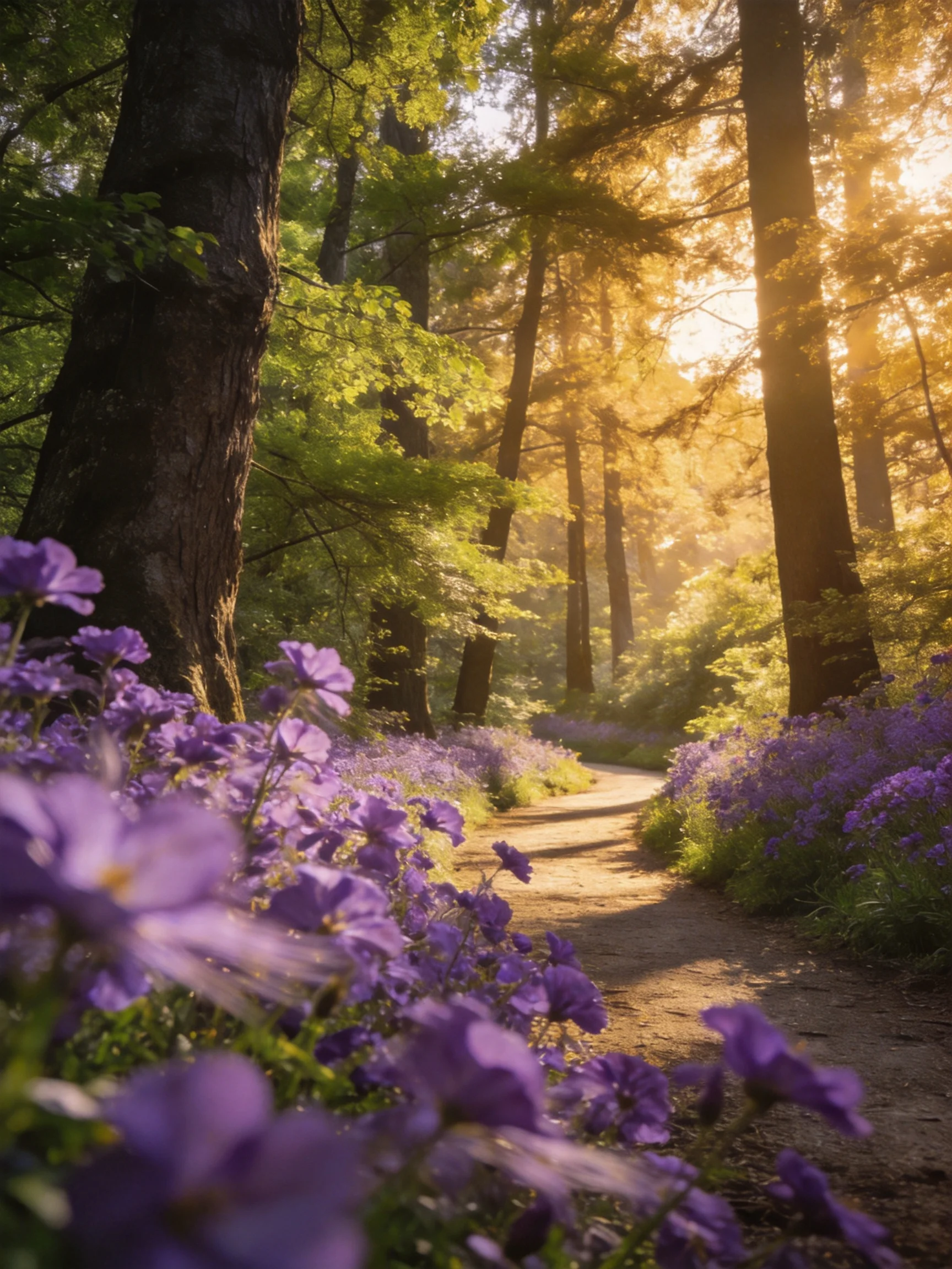 A sun-dappled forest path lined with vibrant purple blooms