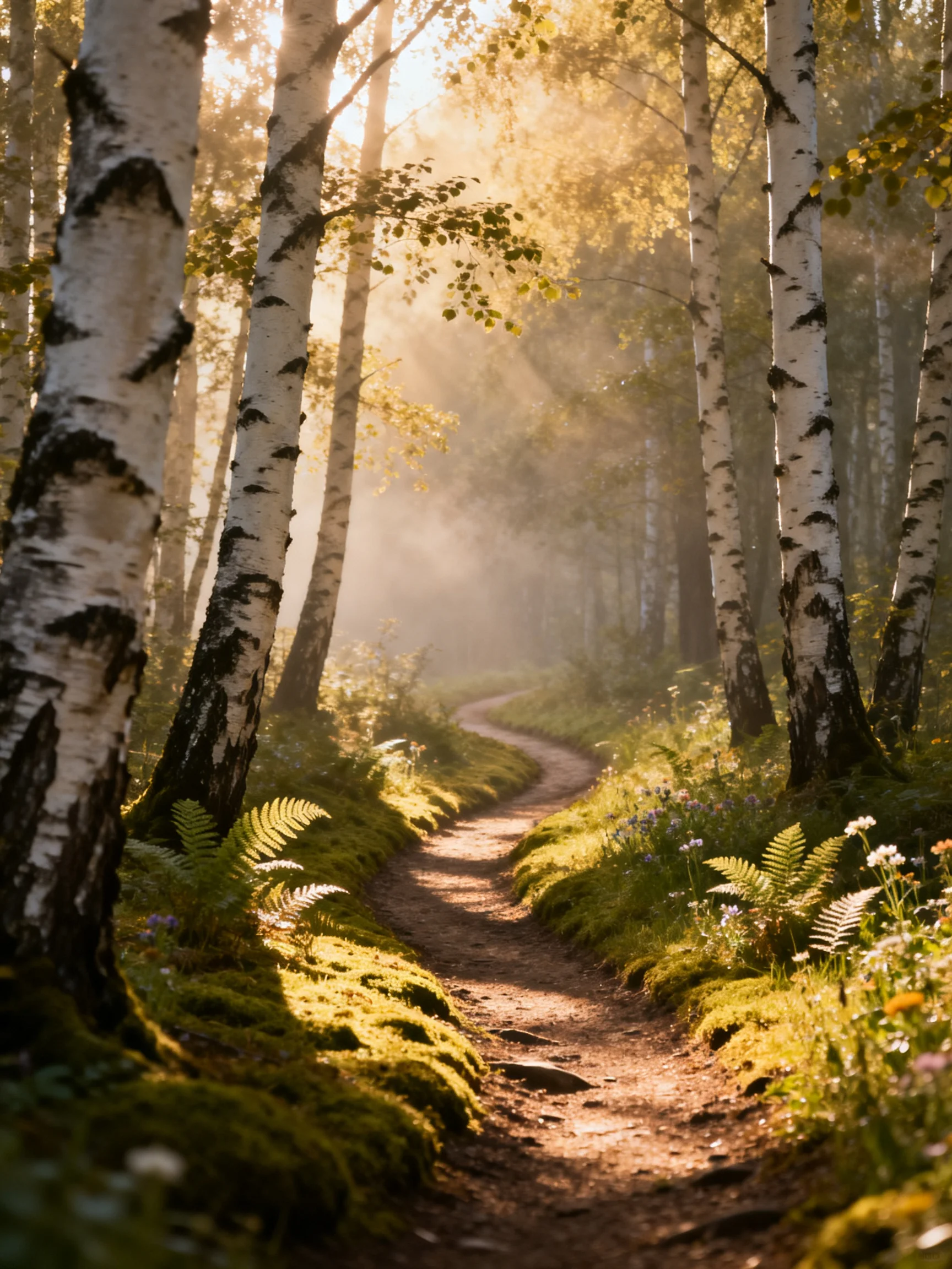 A sun-dappled forest path lined with white-barked birch trees