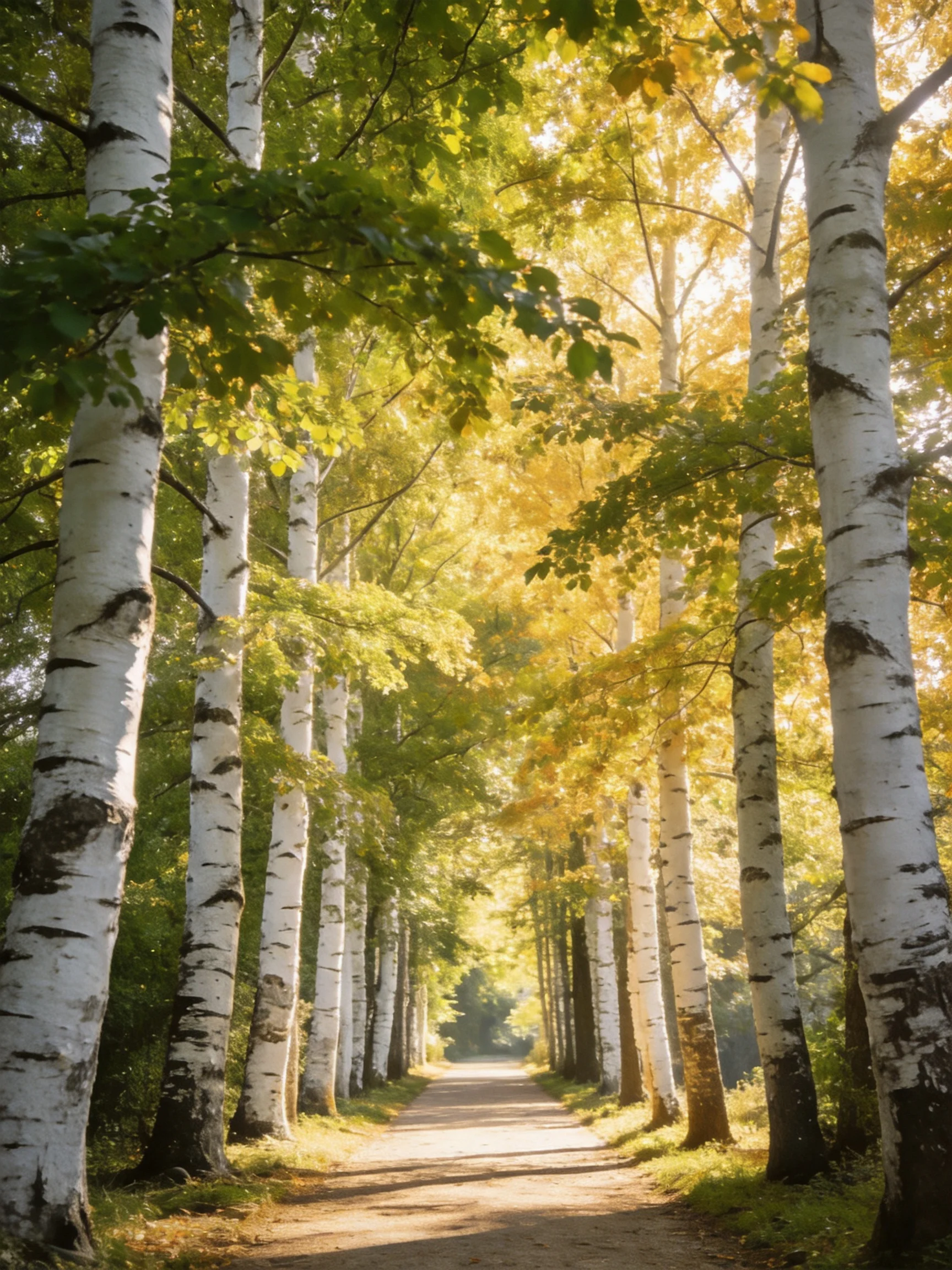 A sun-dappled forest path lined with white-barked birches and golden-green foliage