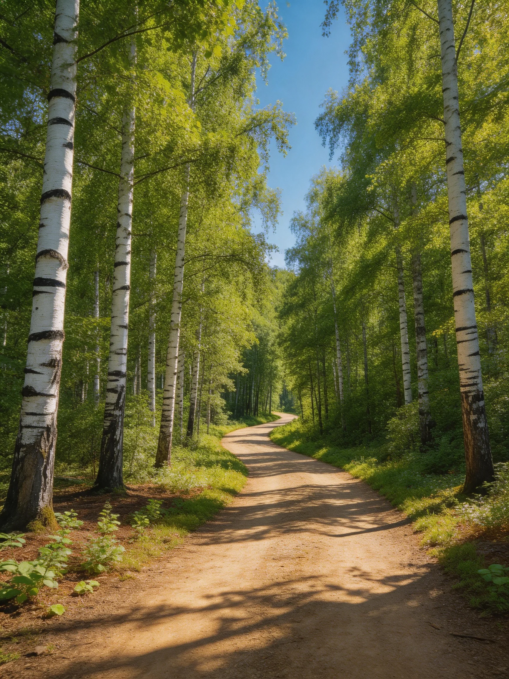 A sun-dappled forest path lined with white-barked birches