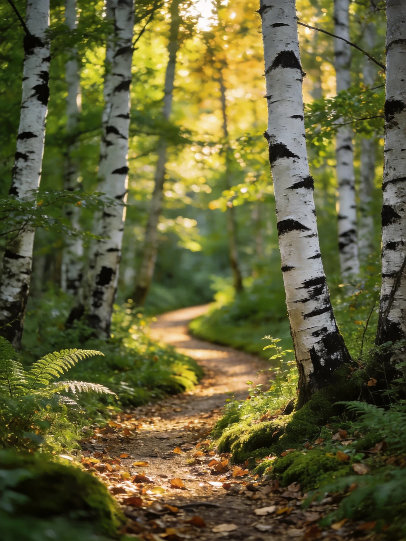 A sun-dappled forest path lined with white-barked birches