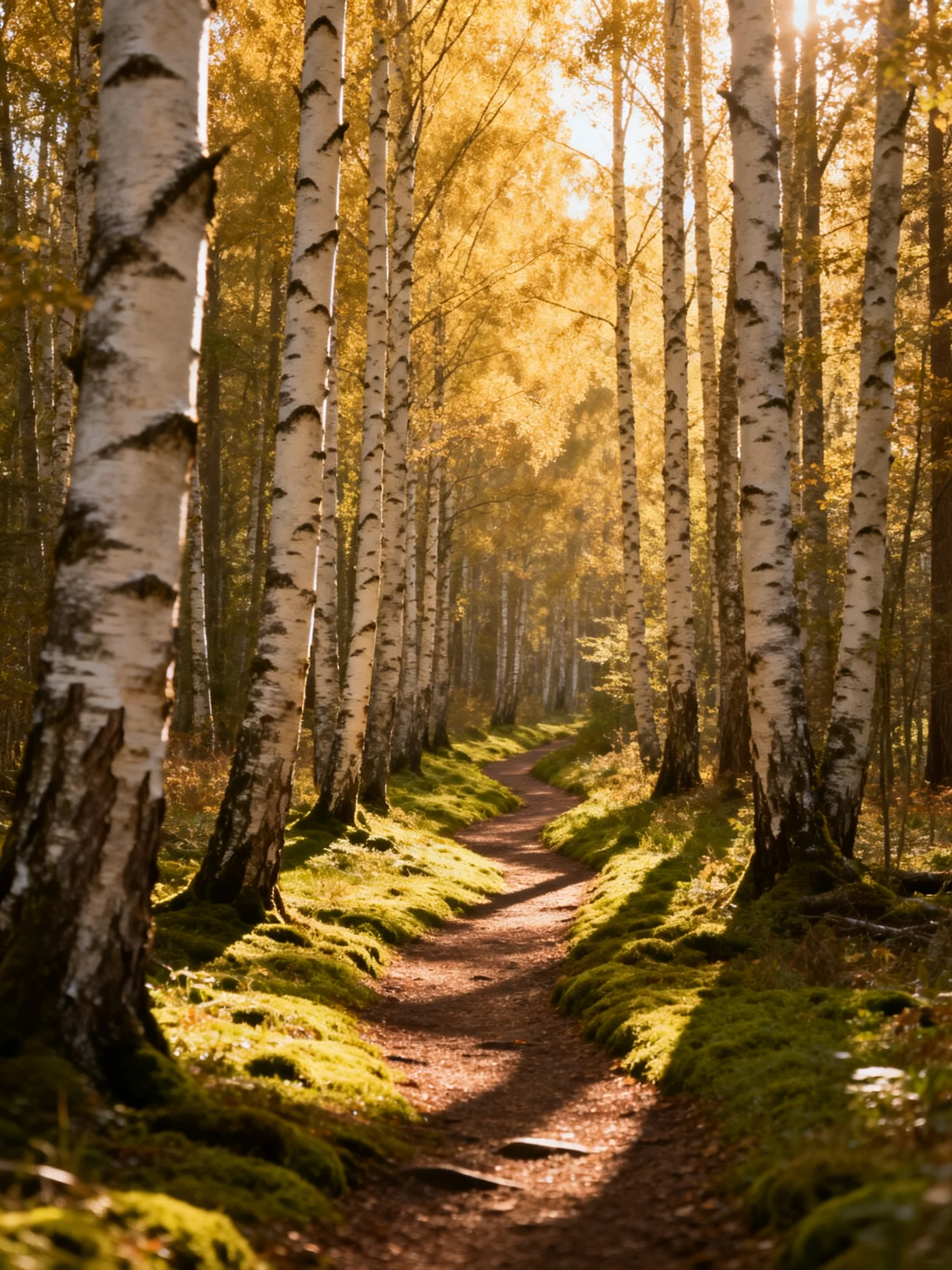 A sun-dappled forest path lined with white-barked birches