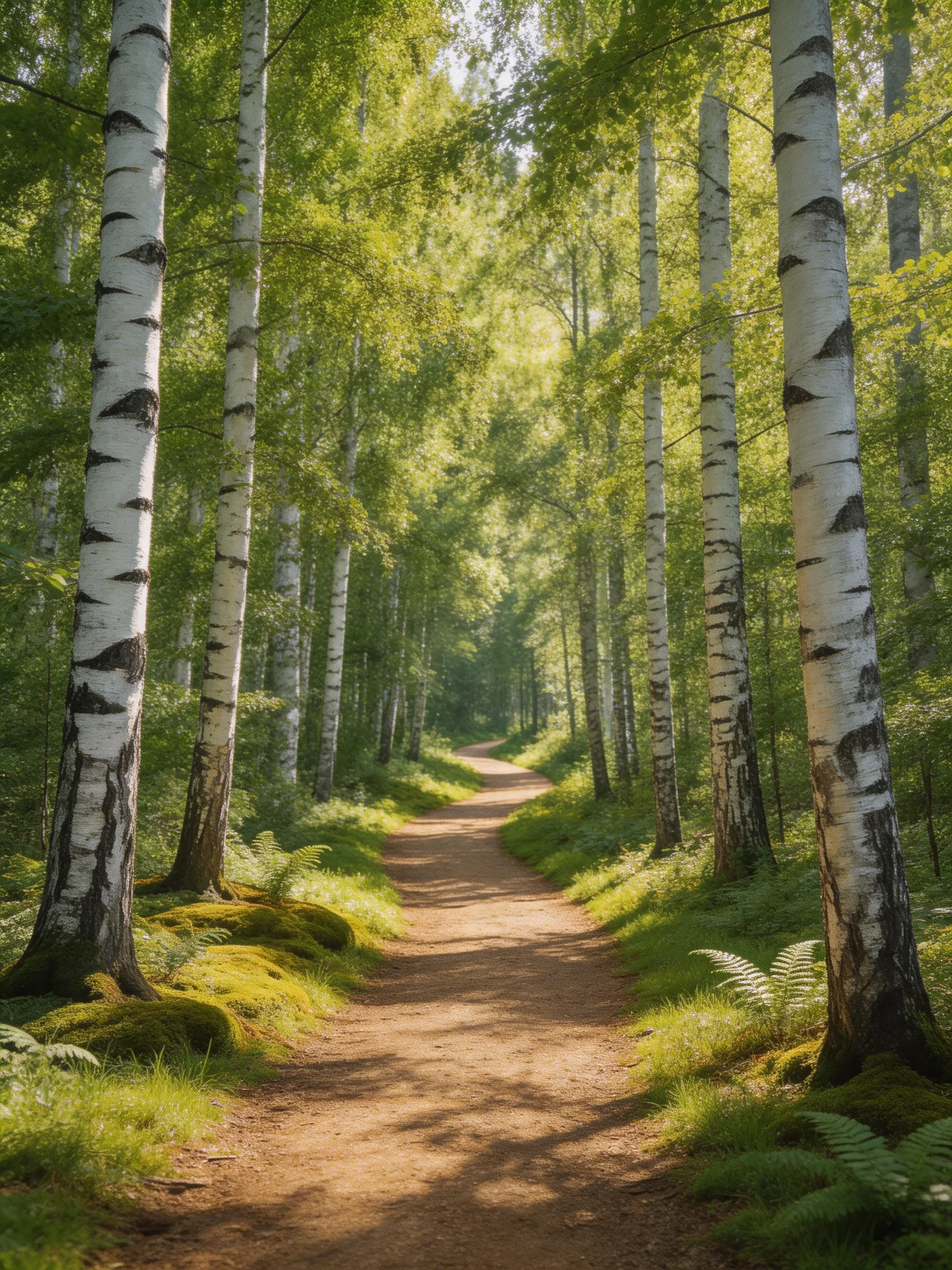 A sun-dappled forest path lined with white-barked birches