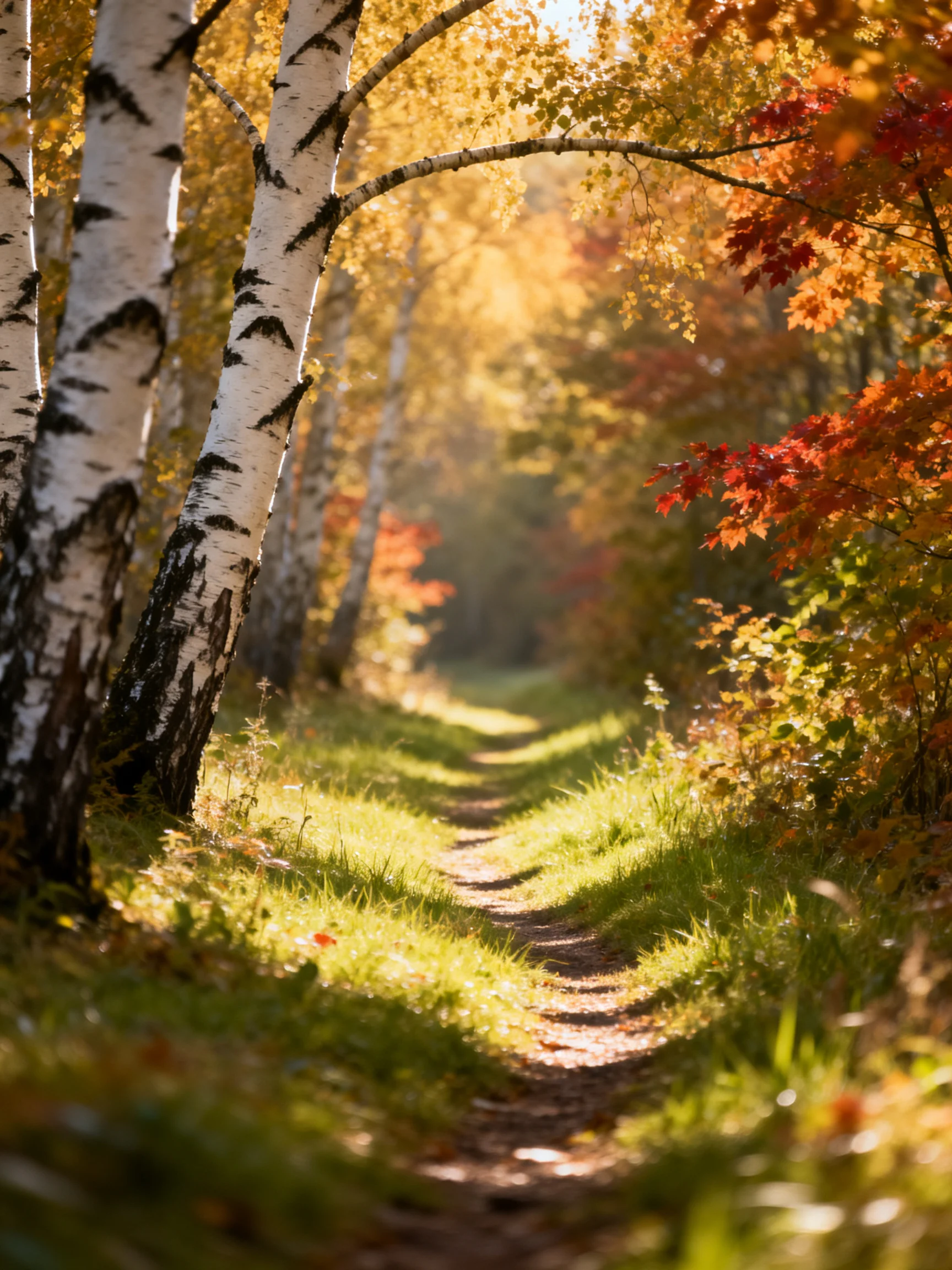 A sun-dappled forest path lined with white birches and colorful autumn trees