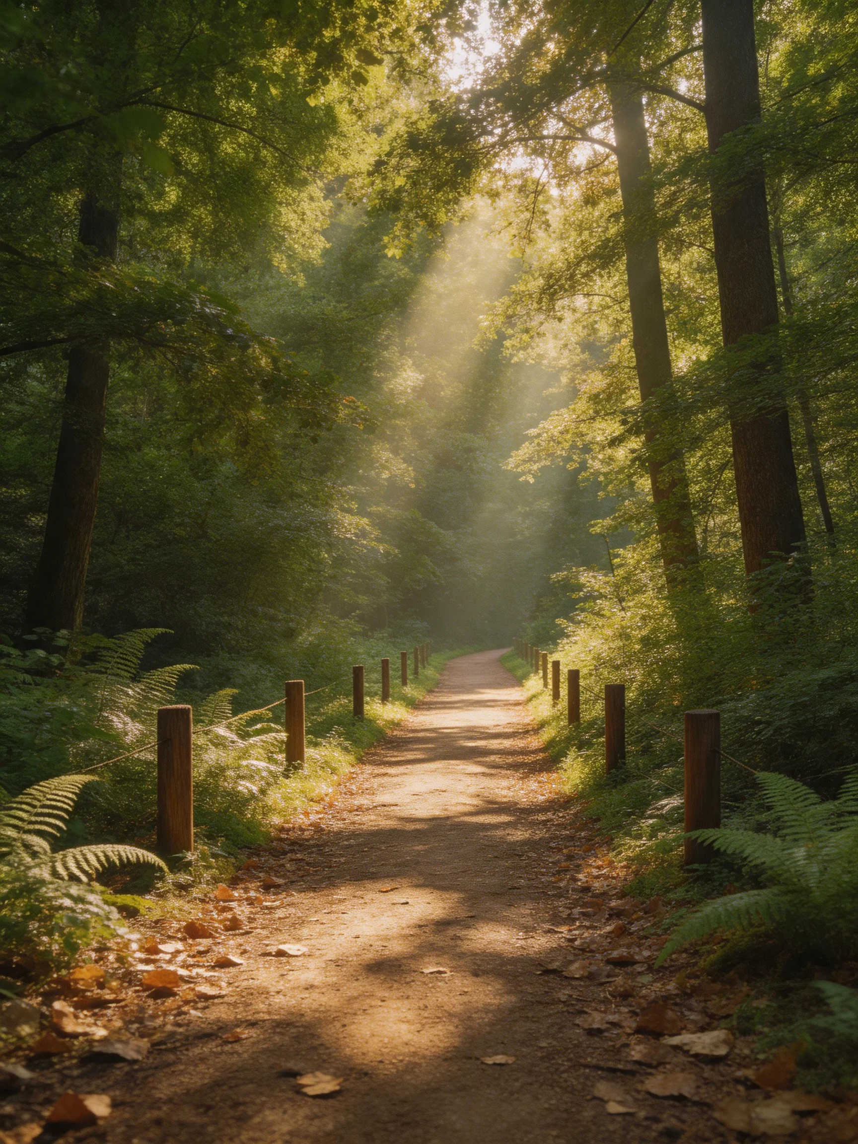 A sun-dappled forest path lined with wooden posts