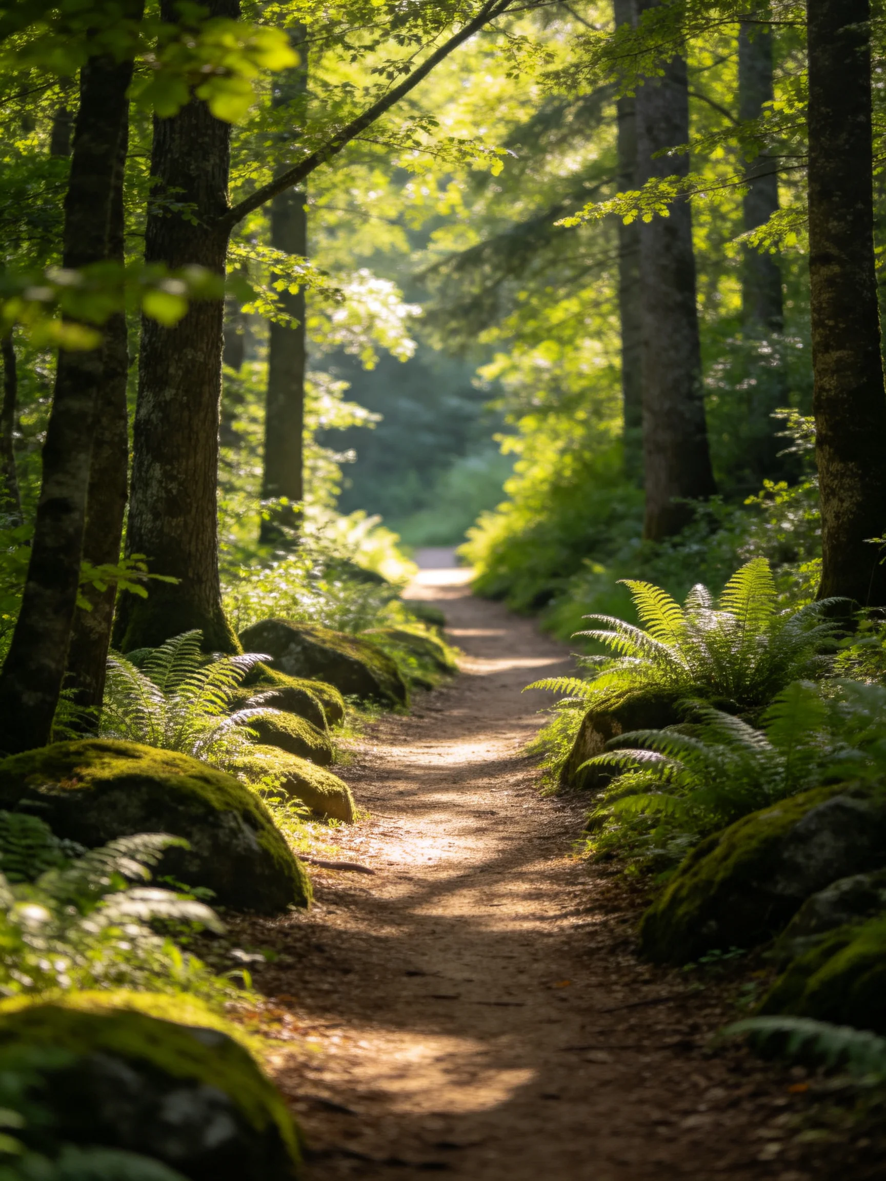 A sun-dappled forest path surrounded by ferns and mossy rocks
