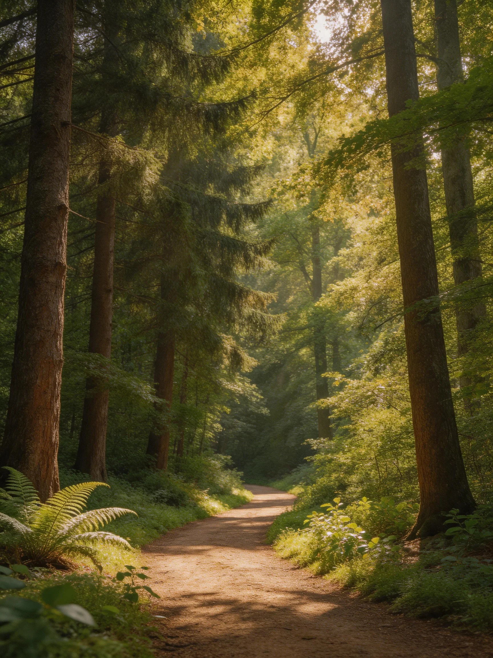 A sun-dappled forest path surrounded by towering evergreens