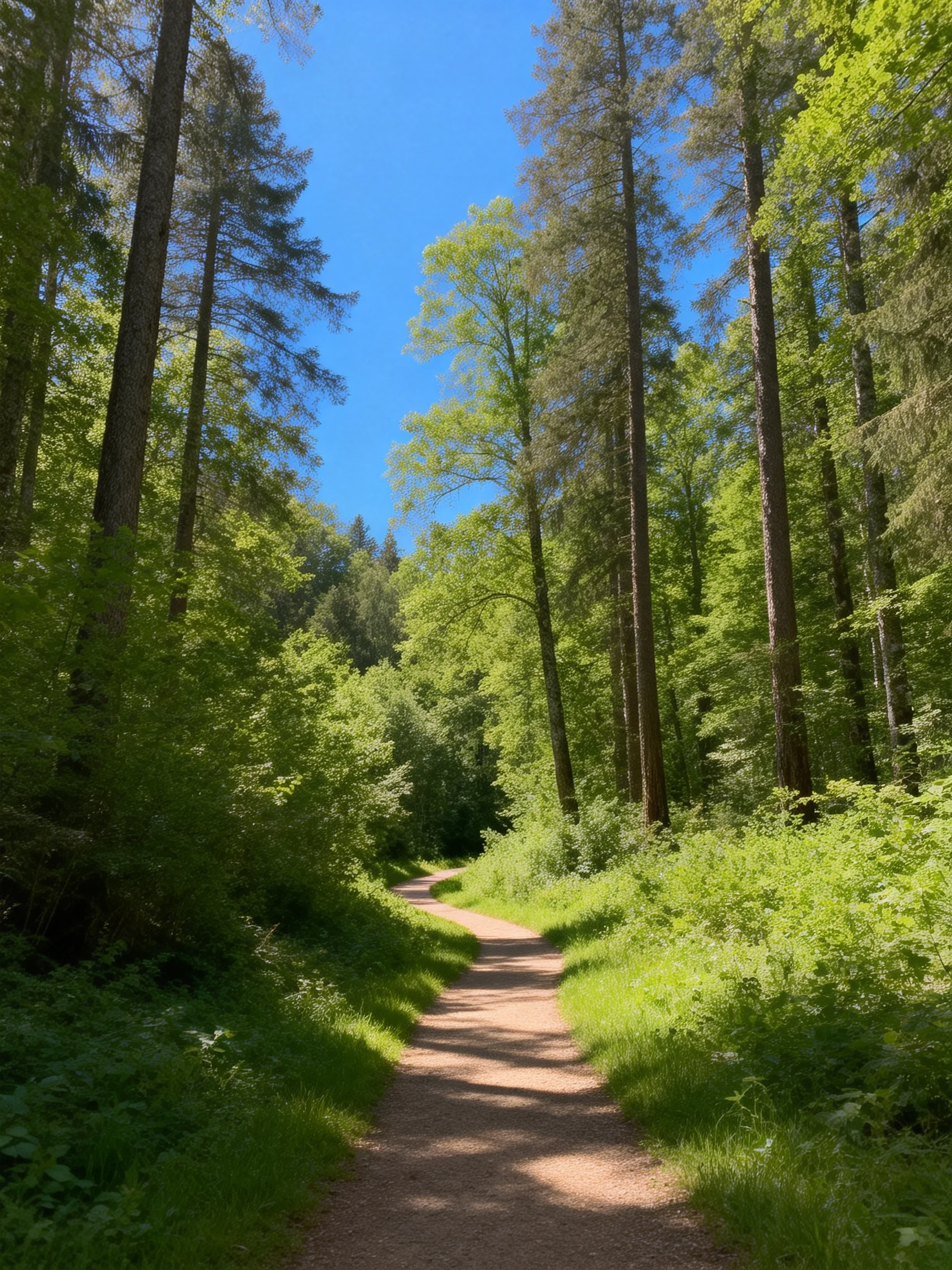 A sun-dappled forest path winding through lush green trees under blue sky
