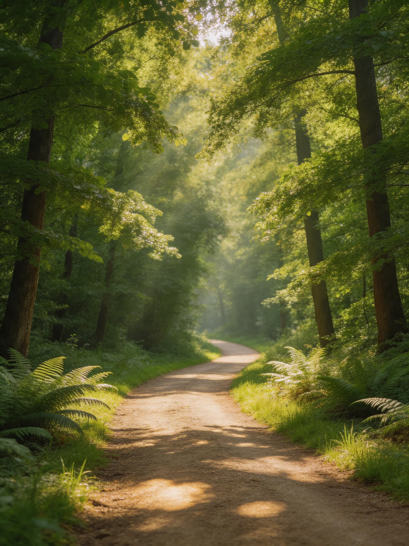 A sun-dappled forest path winding through lush greenery