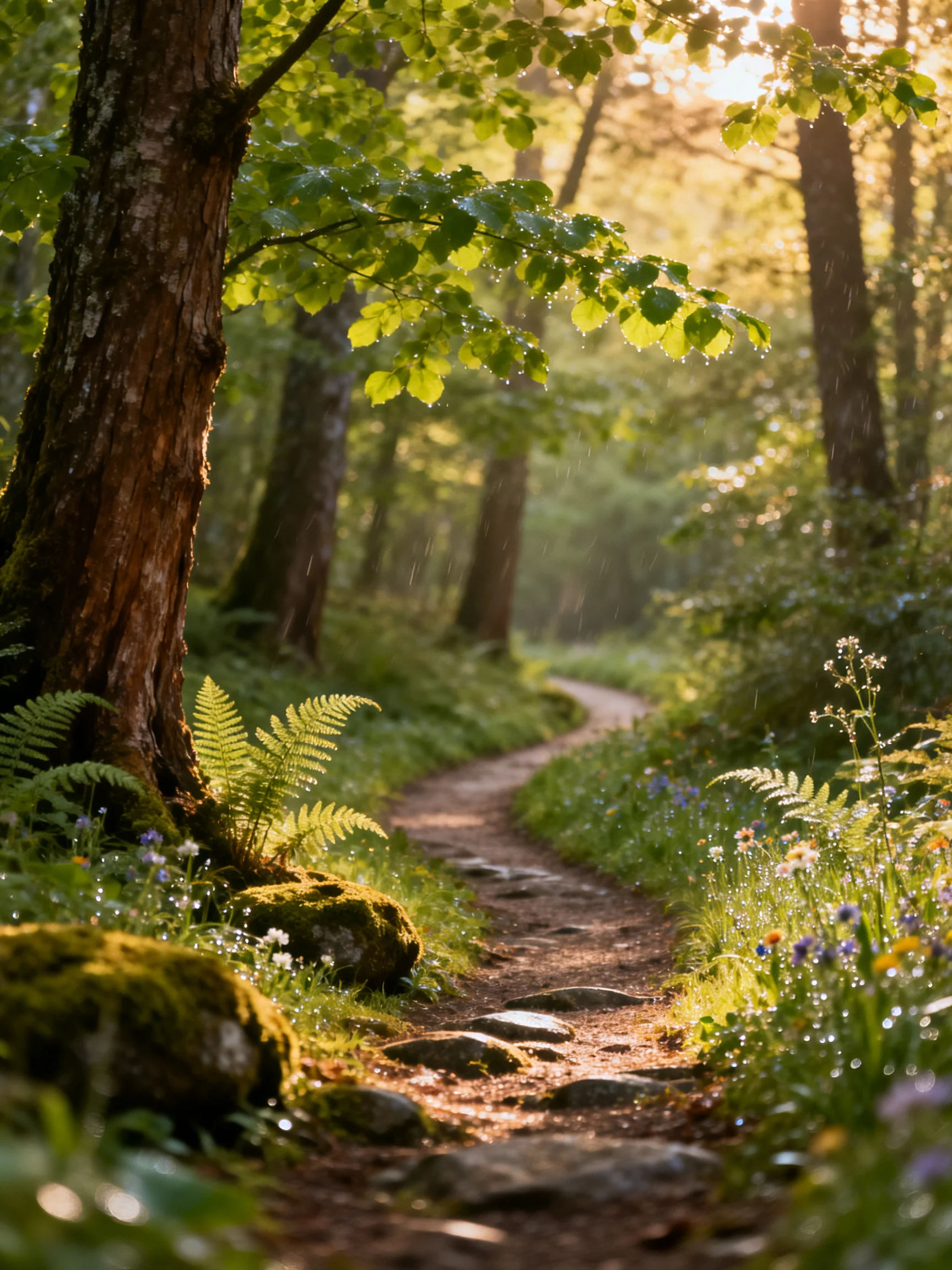 A sun-dappled forest path winding through lush greenery and tall trees