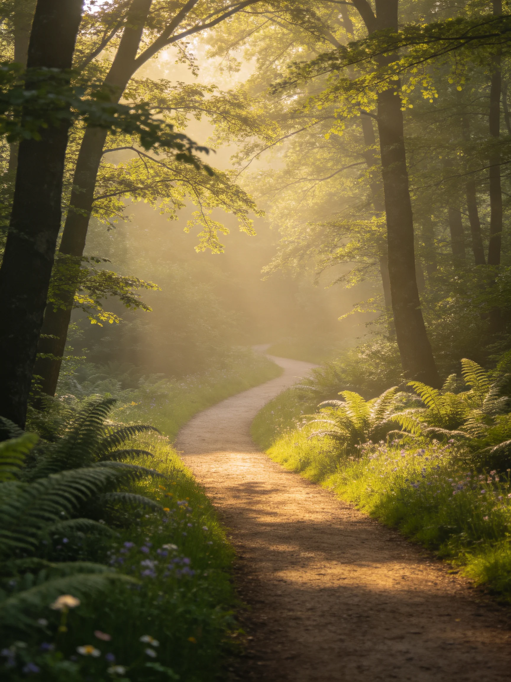A sun-dappled forest path winding through lush greenery