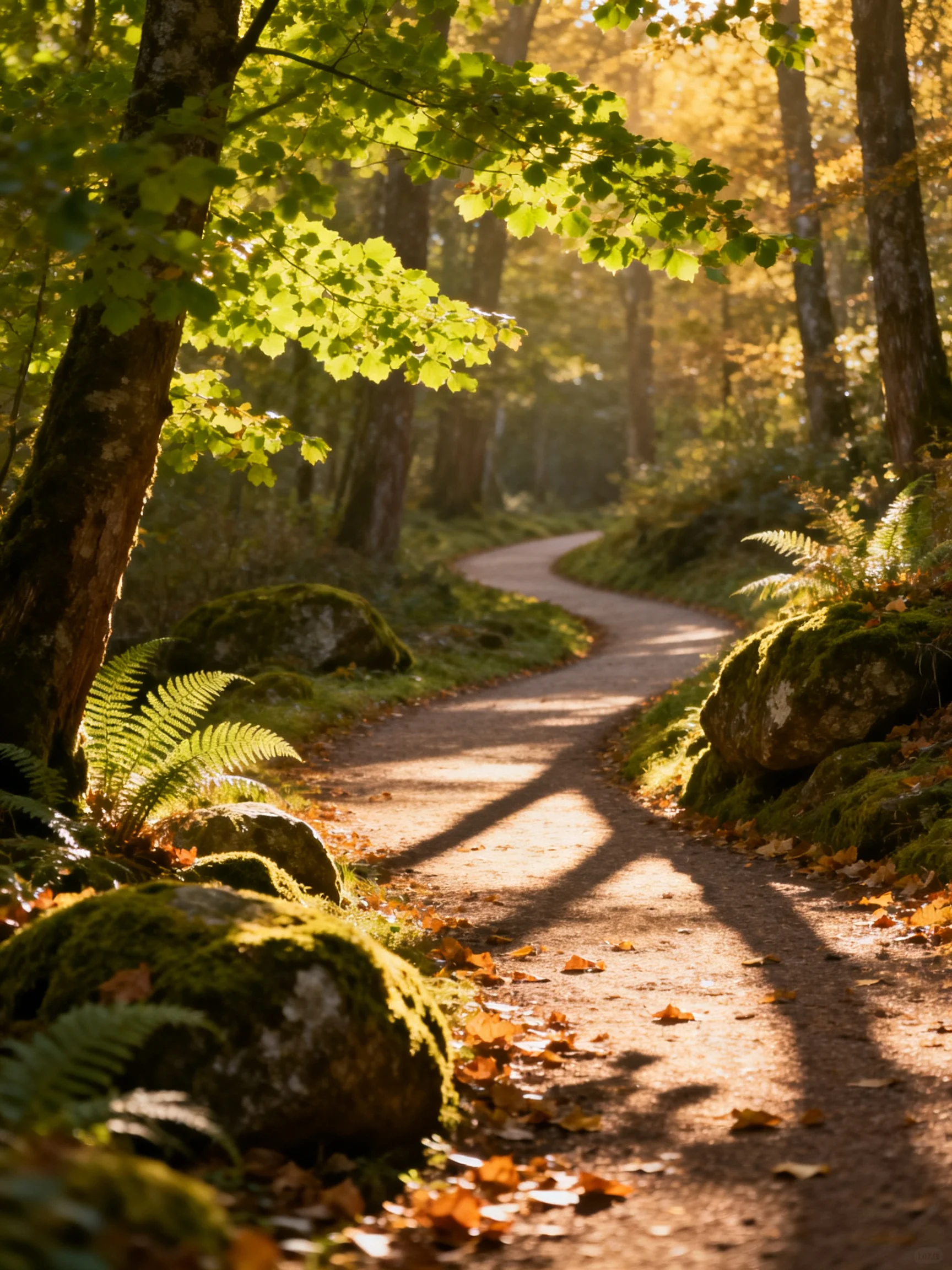 A sun-dappled forest path winding through moss-covered rocks