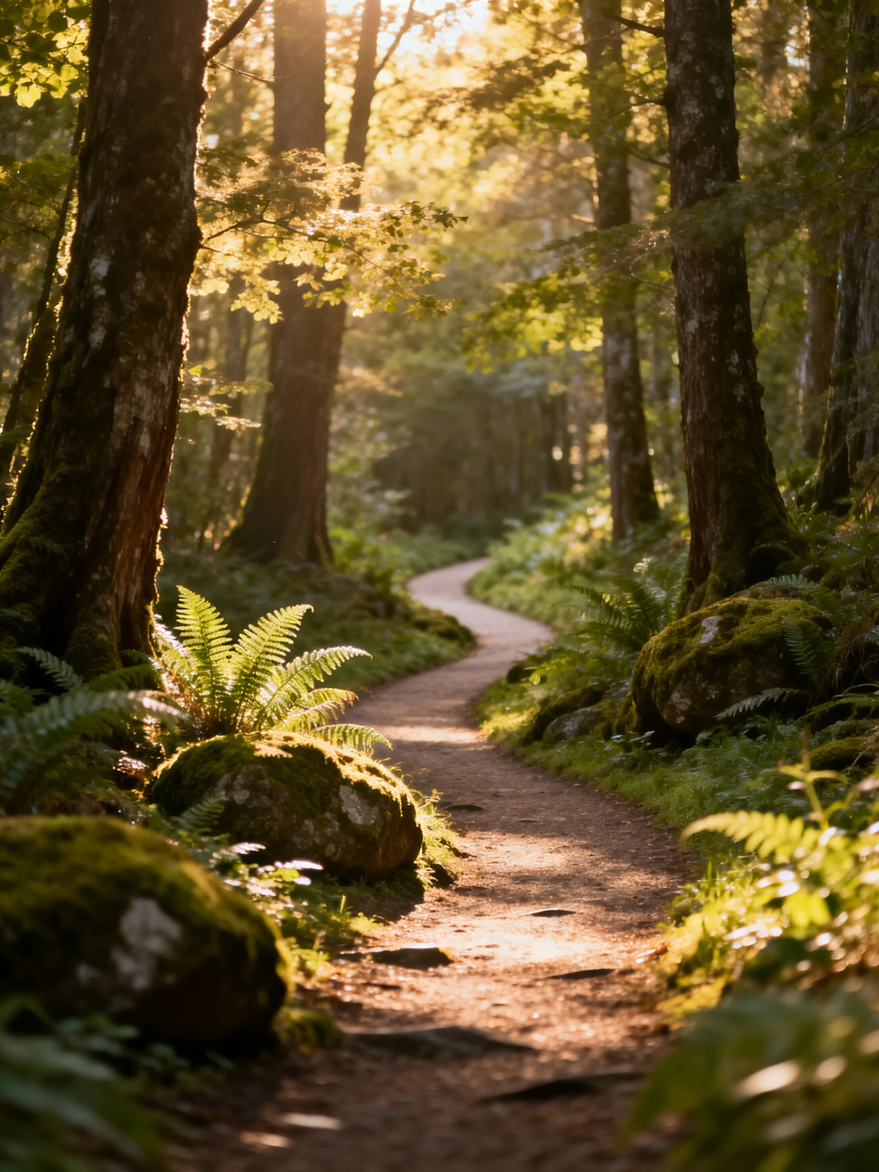 A sun-dappled forest path winding through mossy rocks and tall trees