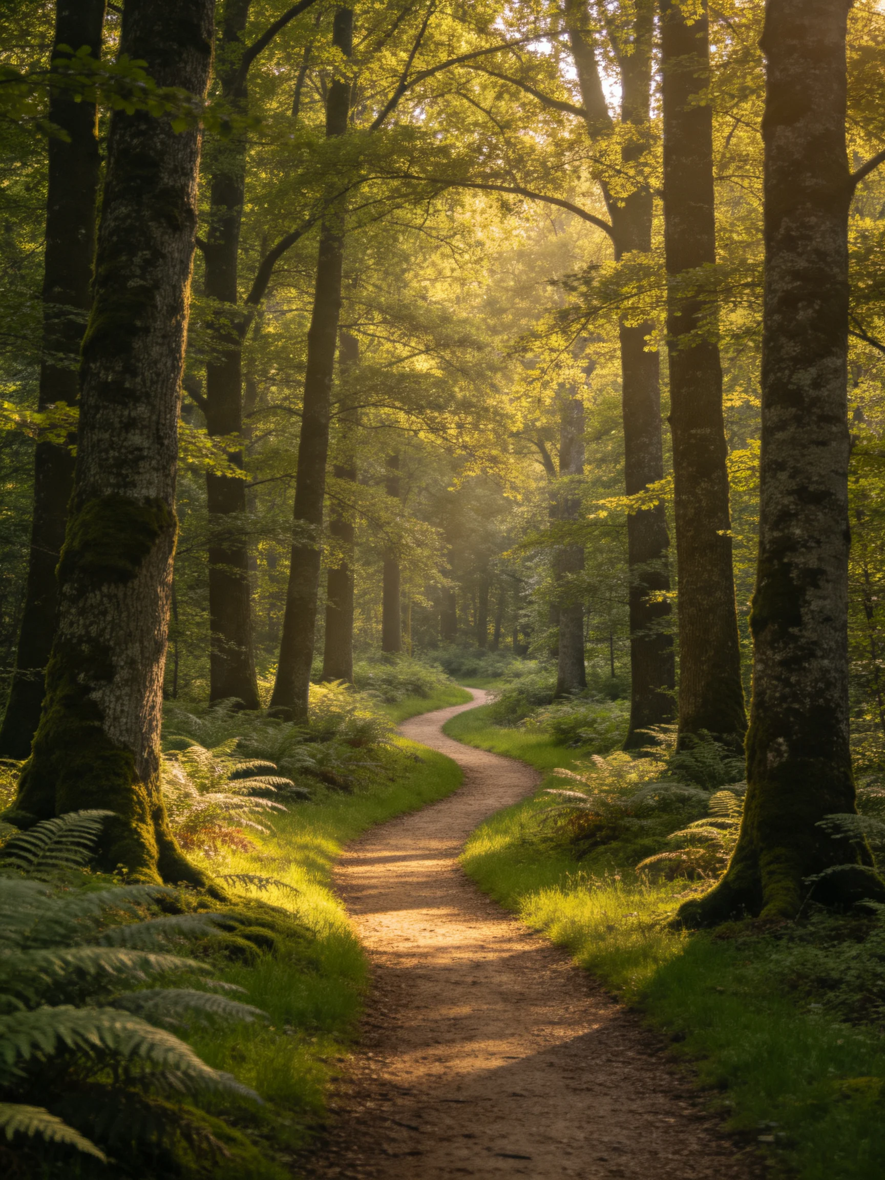 A sun-dappled forest path winding through tall ancient trees