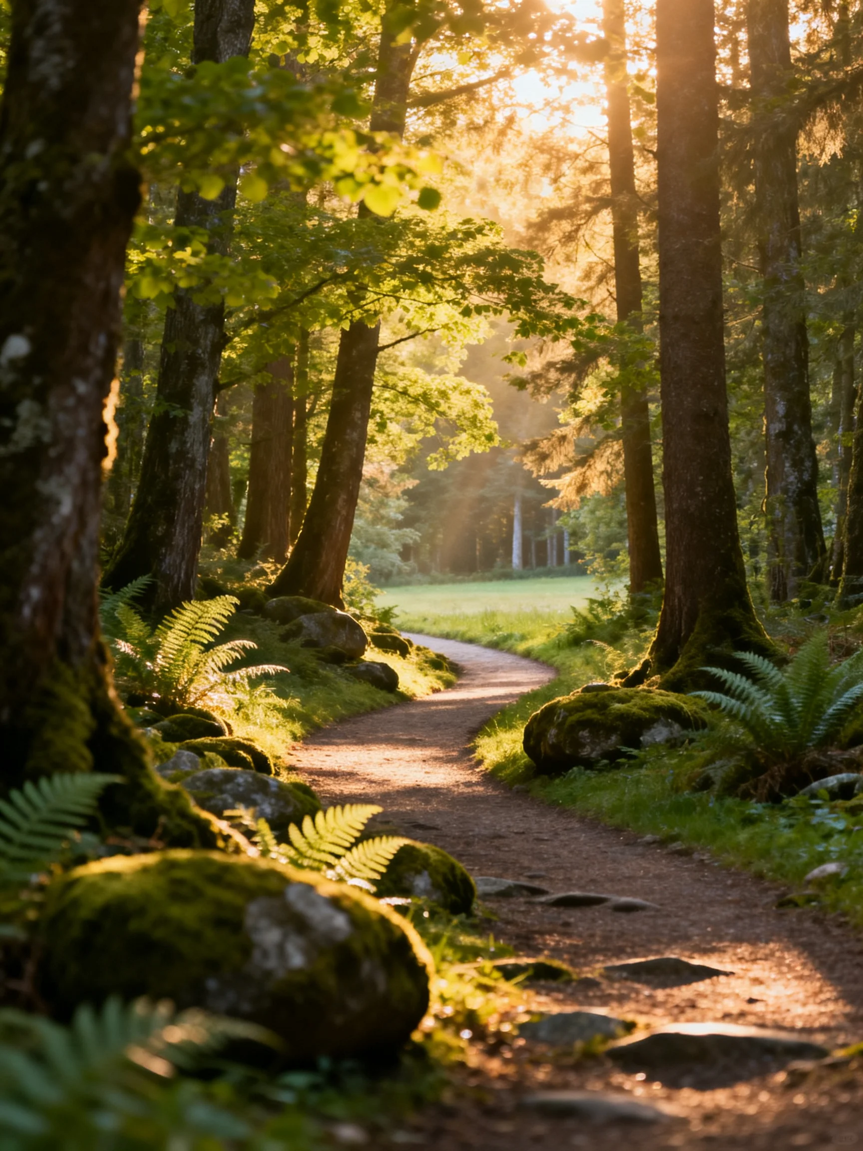 A sun-dappled forest path winding through tall trees and mossy rocks