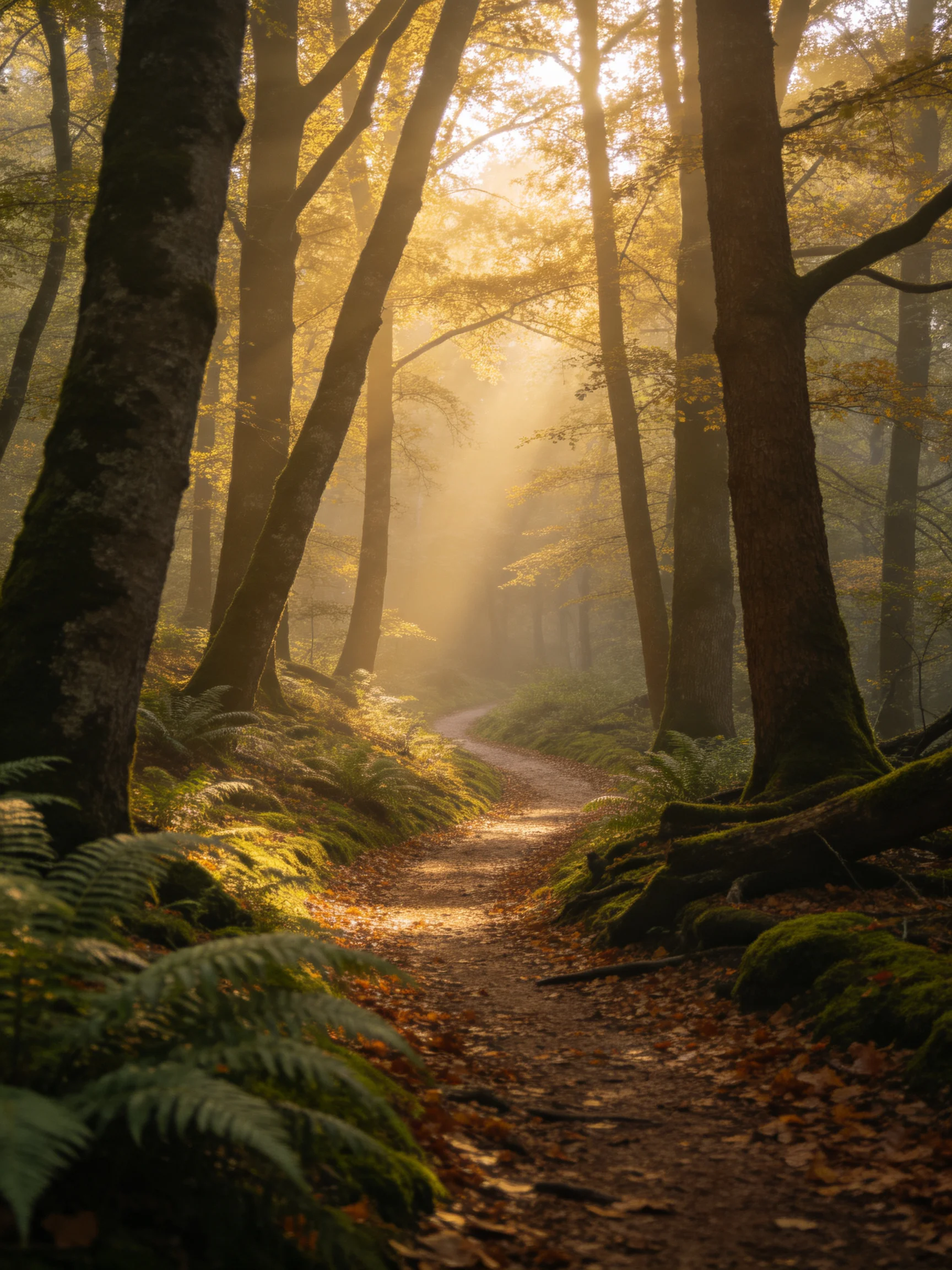 A sun-dappled forest path winding through tall trees with golden light