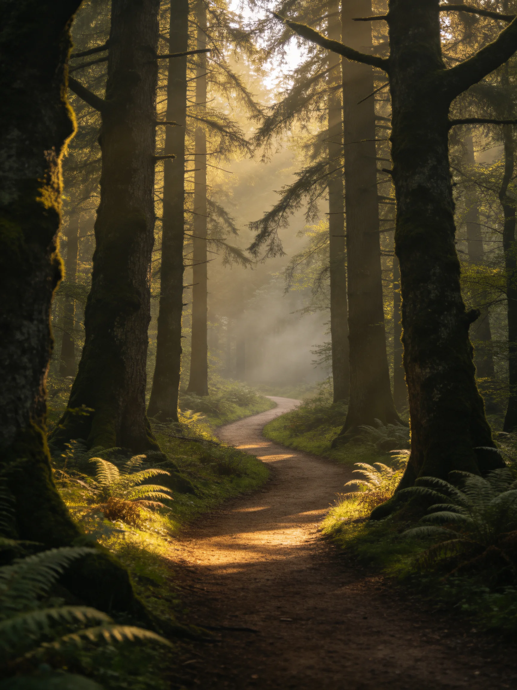 A sun-dappled forest path winding through towering trees