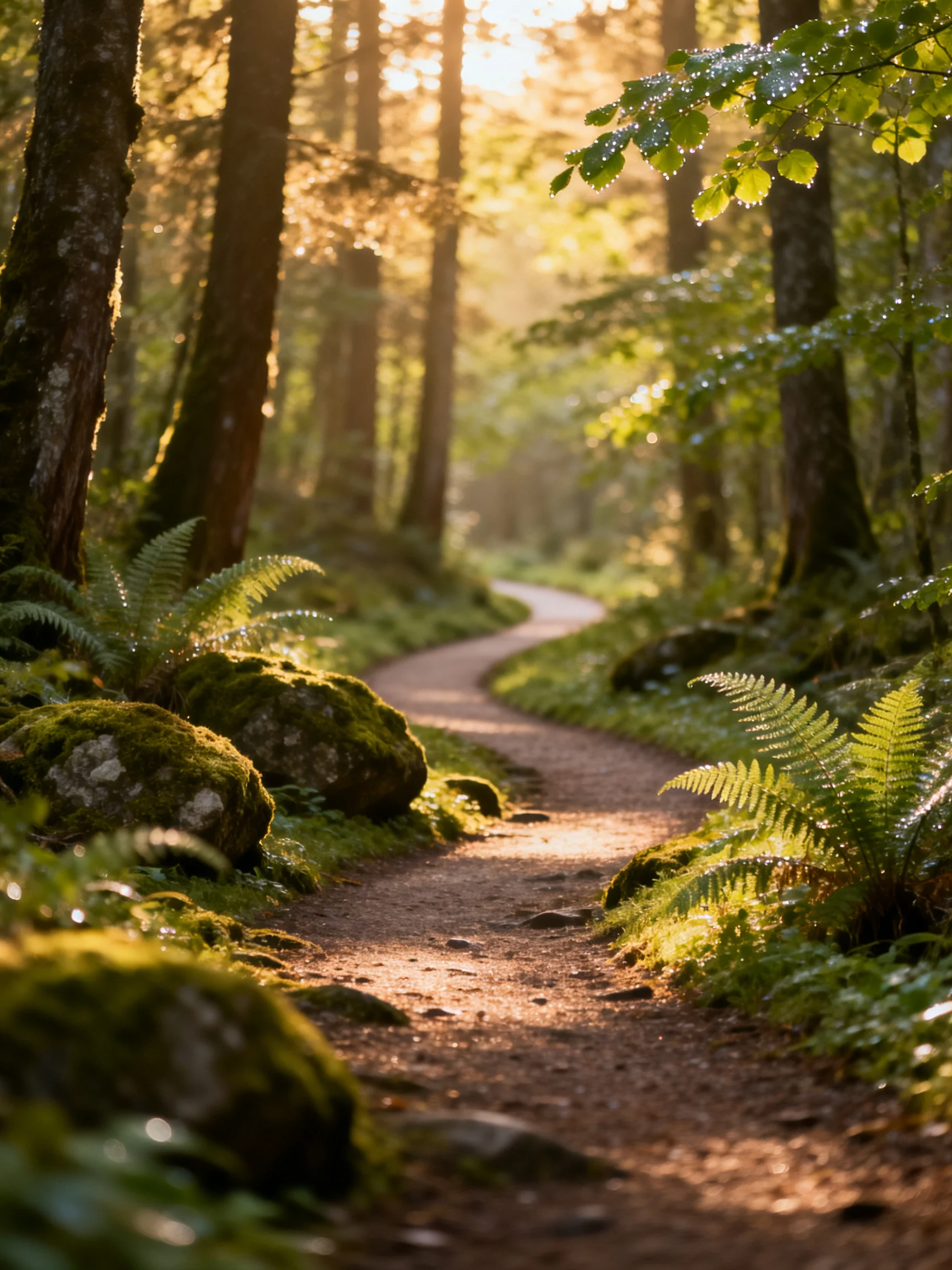 A sun-dappled forest path winds through moss-covered rocks and ferns