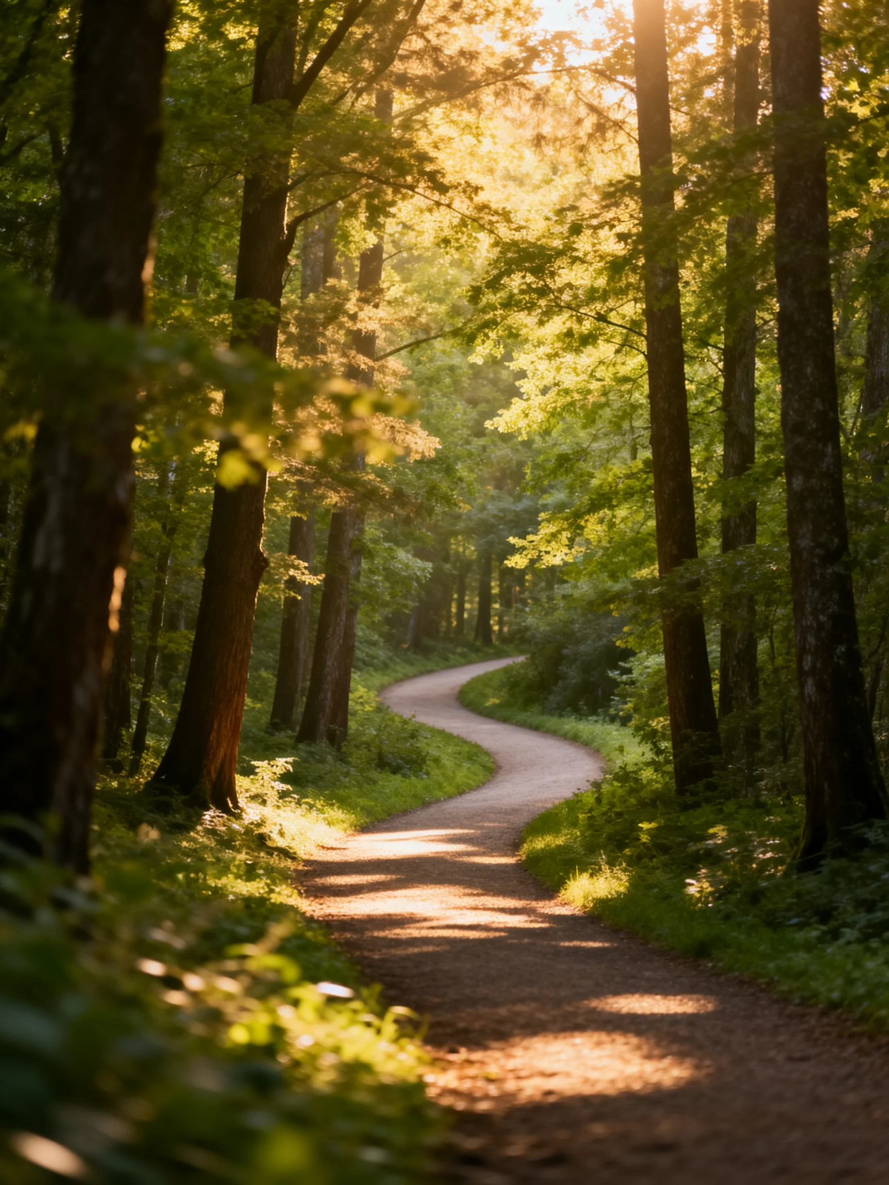 A sun-dappled forest path winds through tall green trees